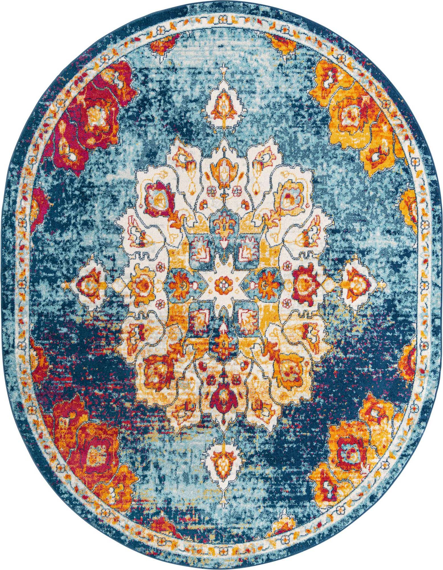 A multi-colored oval rug featuring a distressed traditional medallion pattern in shades of blue, orange, red, and cream.