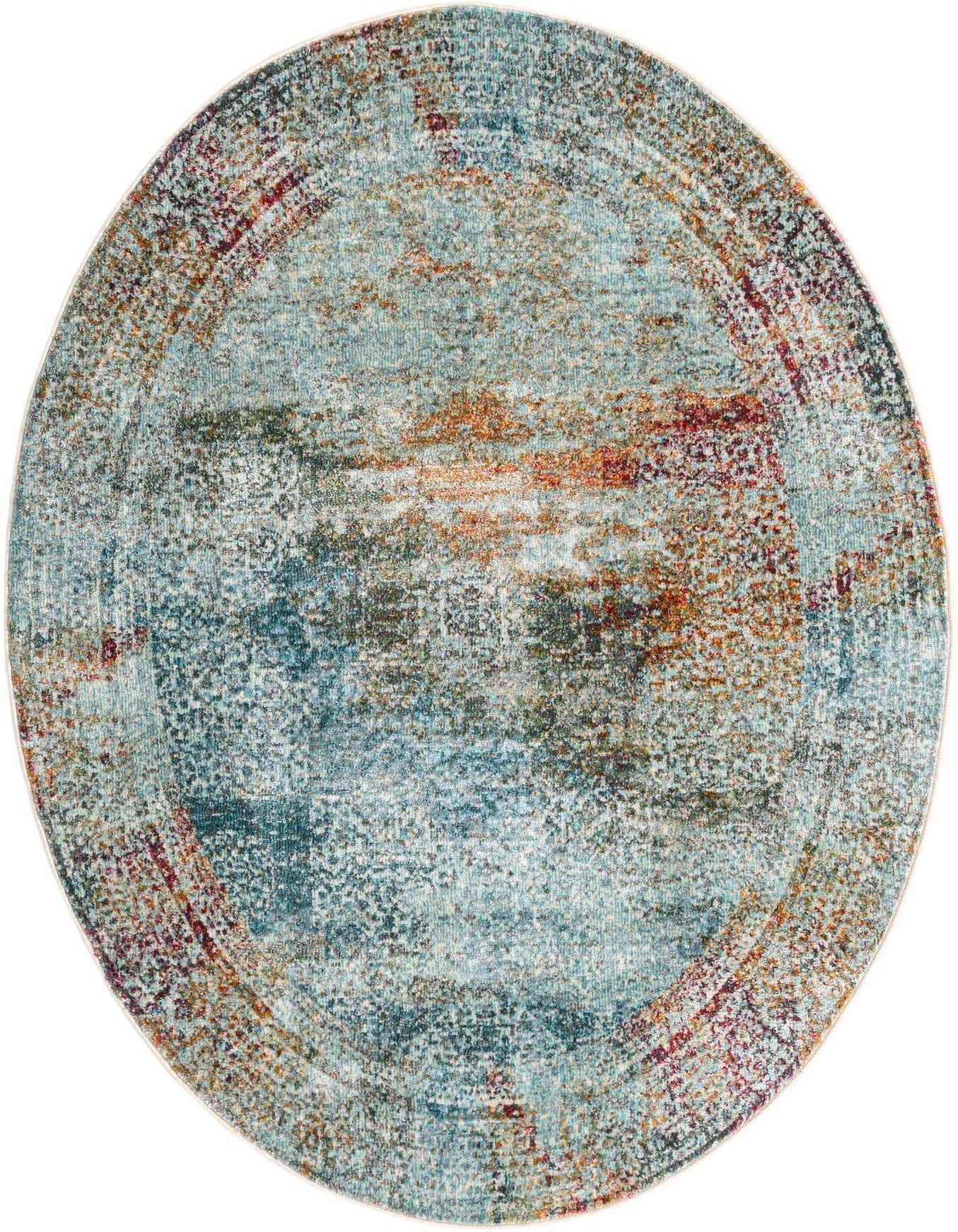 A 4' 3 x 6' 0 oval rug featuring a multi-colored abstract Oriental pattern with blues, oranges, and reds, ideal for an indoor space.