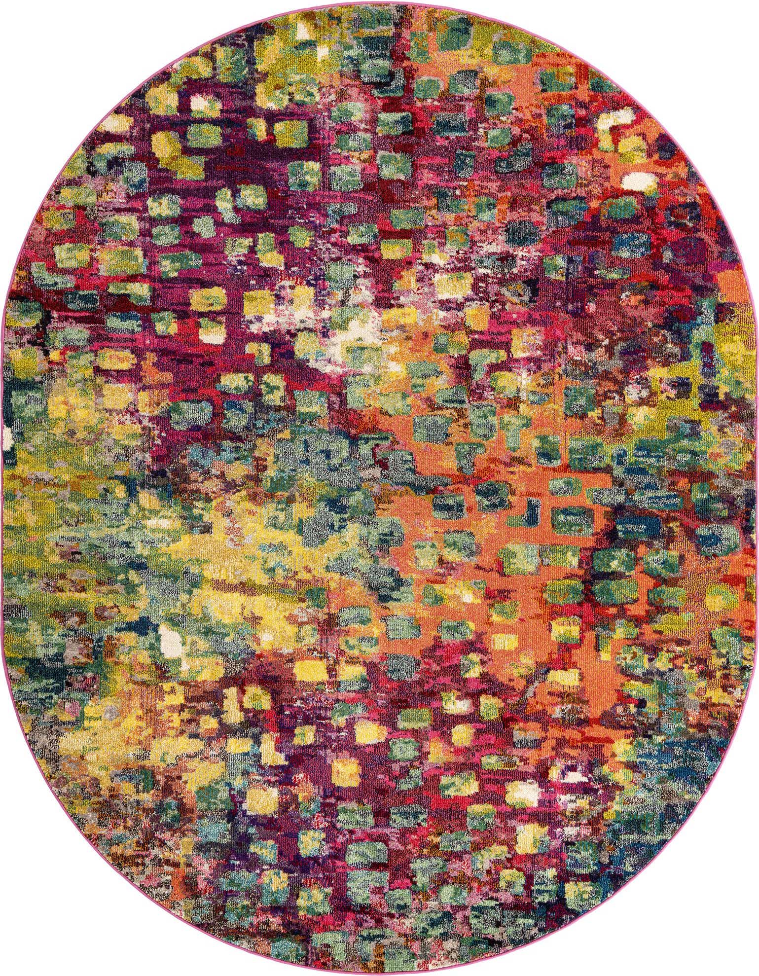 An 8' 0 x 10' 0 oval rug featuring a vibrant, multi-colored abstract pattern with squares in shades of red, orange, yellow, green, and purple.