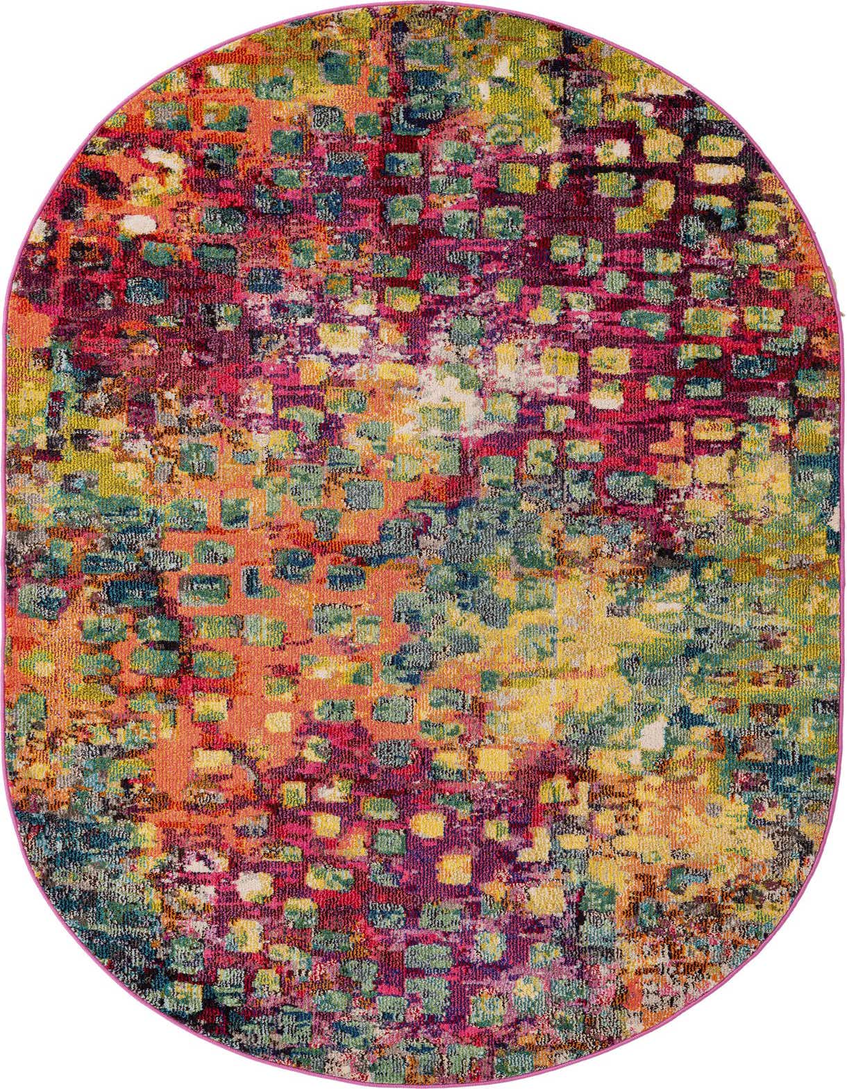 A vibrant 5'x8' oval rug with an abstract, multi-colored pattern featuring shades of pink, yellow, blue, and orange.