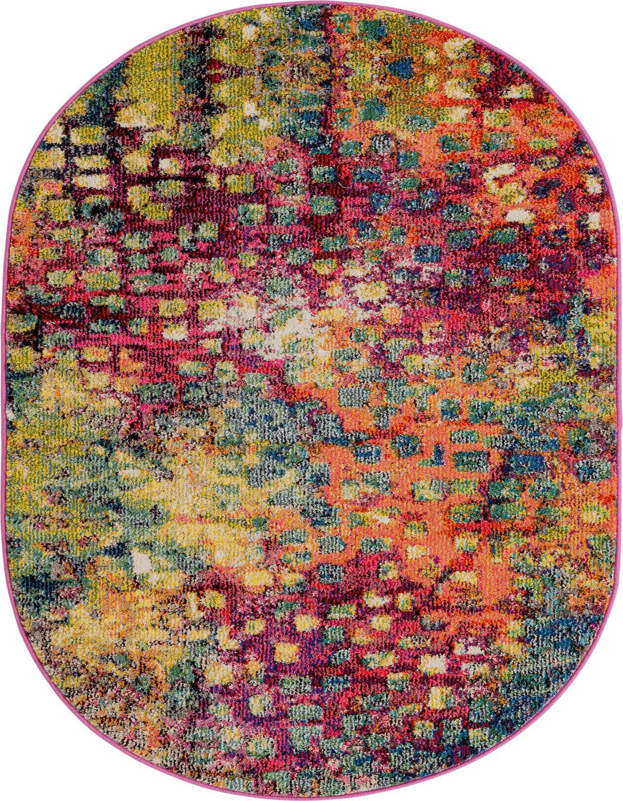 A 3' 3 x 5' 3 oval multi-colored rug with an abstract, eclectic pattern and a pink border, suitable for indoor spaces.