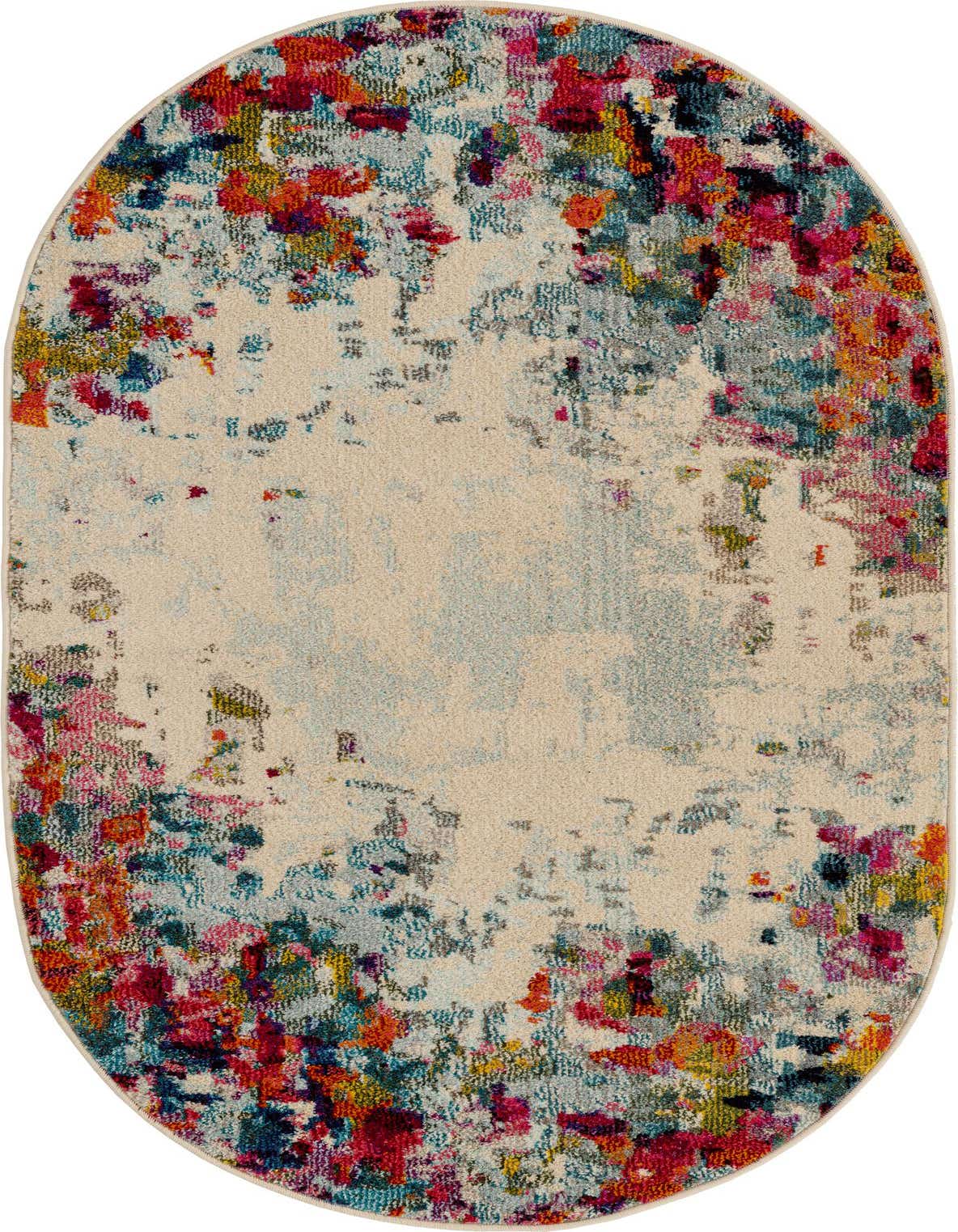 An oval, multi-colored area rug with an abstract floral pattern on a cream background, featuring vibrant hues of red, blue, yellow, and orange.