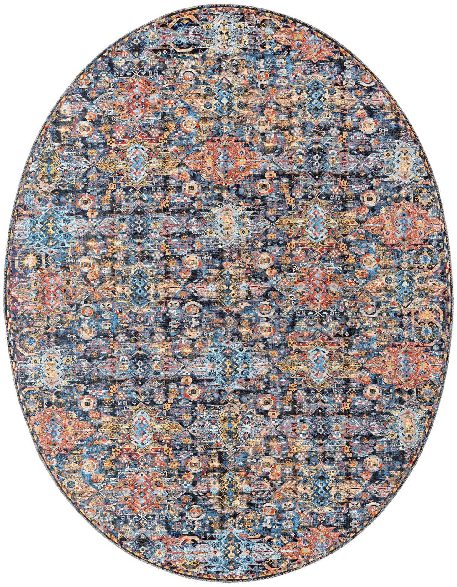A 7' 7 x 10' 6 oval multi-colored transitional rug with a distressed Oriental and tribal pattern.