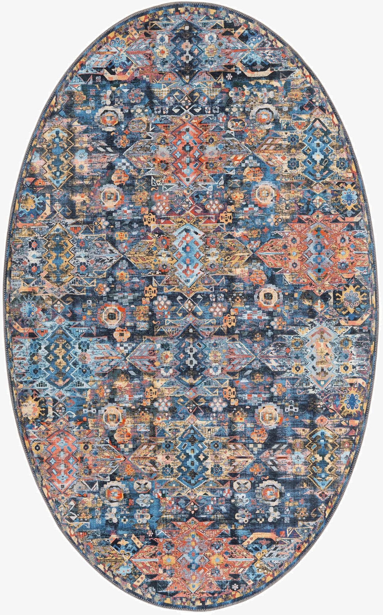 A vibrant 5' x 8' oval rug with a multi-colored transitional tribal pattern, featuring shades of blue, orange, and yellow.