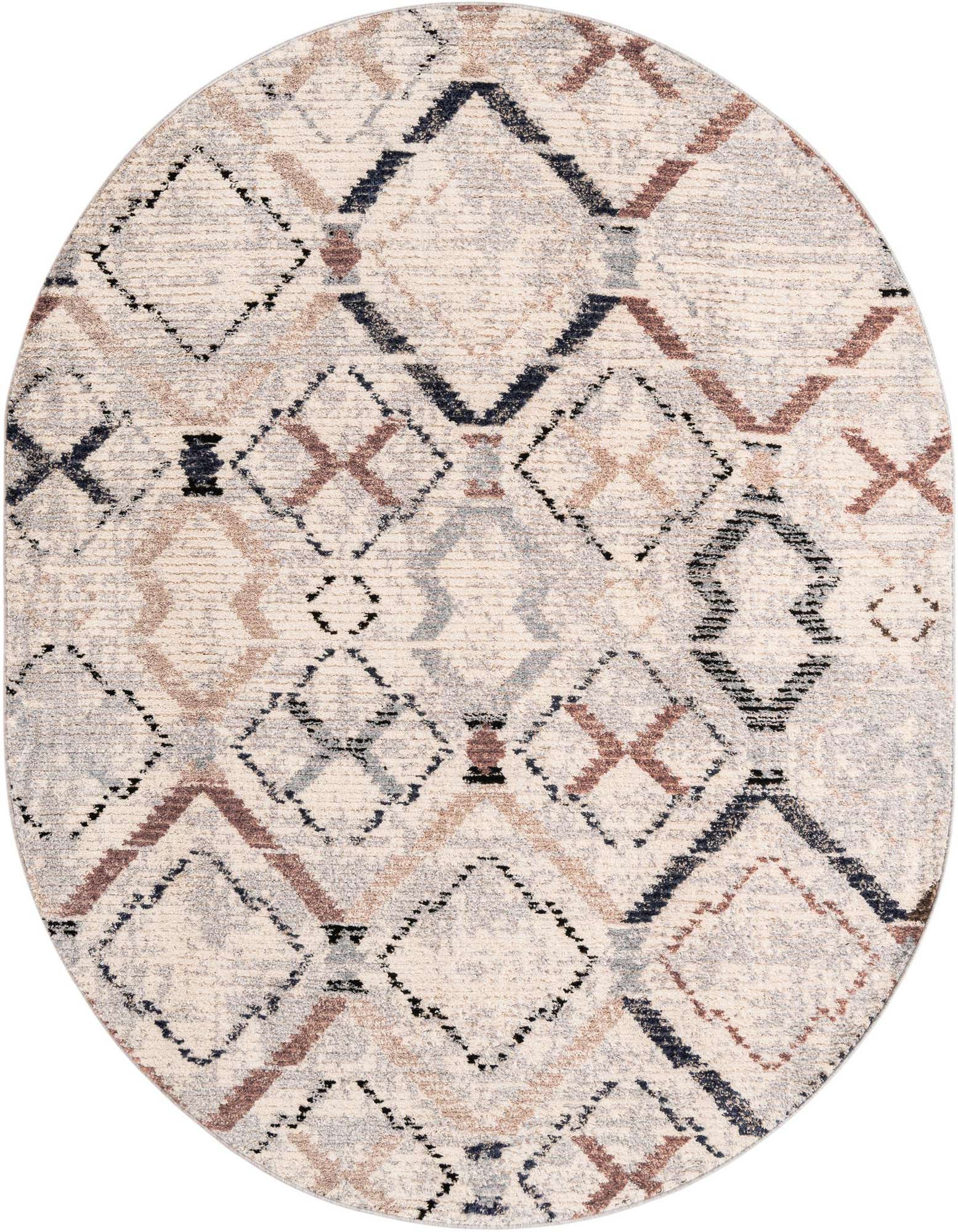 An 8' 0 x 10' 0 oval shag rug from the Tucson collection, featuring a modern multi-colored stripe pattern with diamond and X shapes in shades of beige, brown, and black.