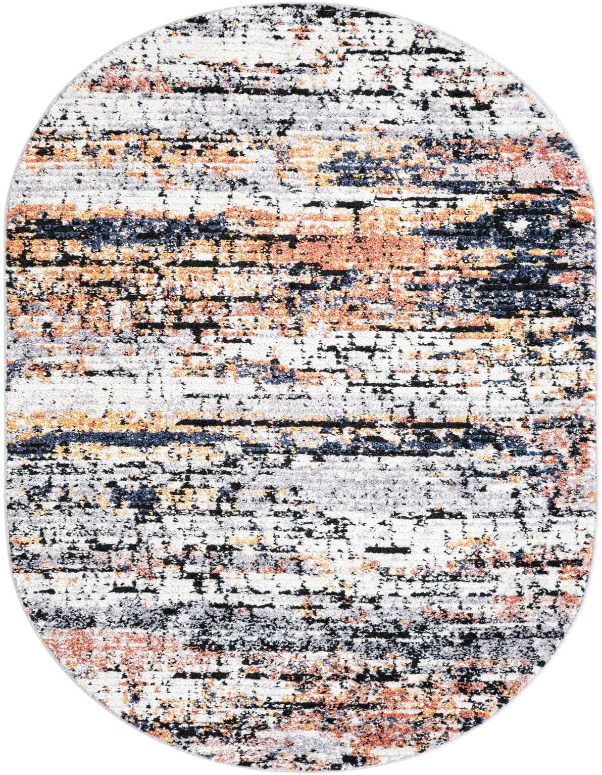 An oval, multi-colored shag rug with a modern Southwestern stripe pattern featuring shades of white, grey, black, orange, and blue.