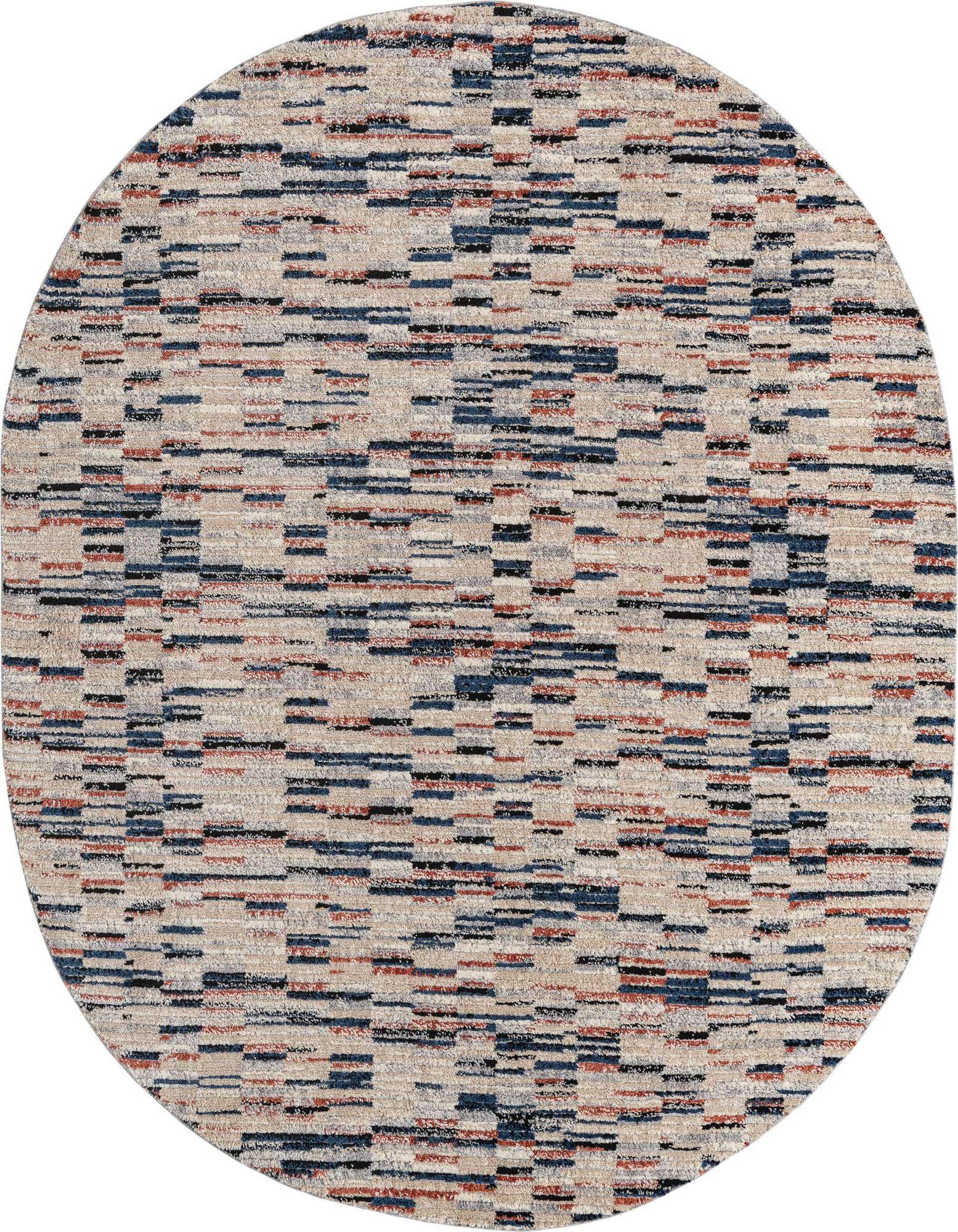 An 8' x 10' oval multi-colored rug with a modern Southwestern stripe pattern in shades of blue, rust, and black on a light beige background.