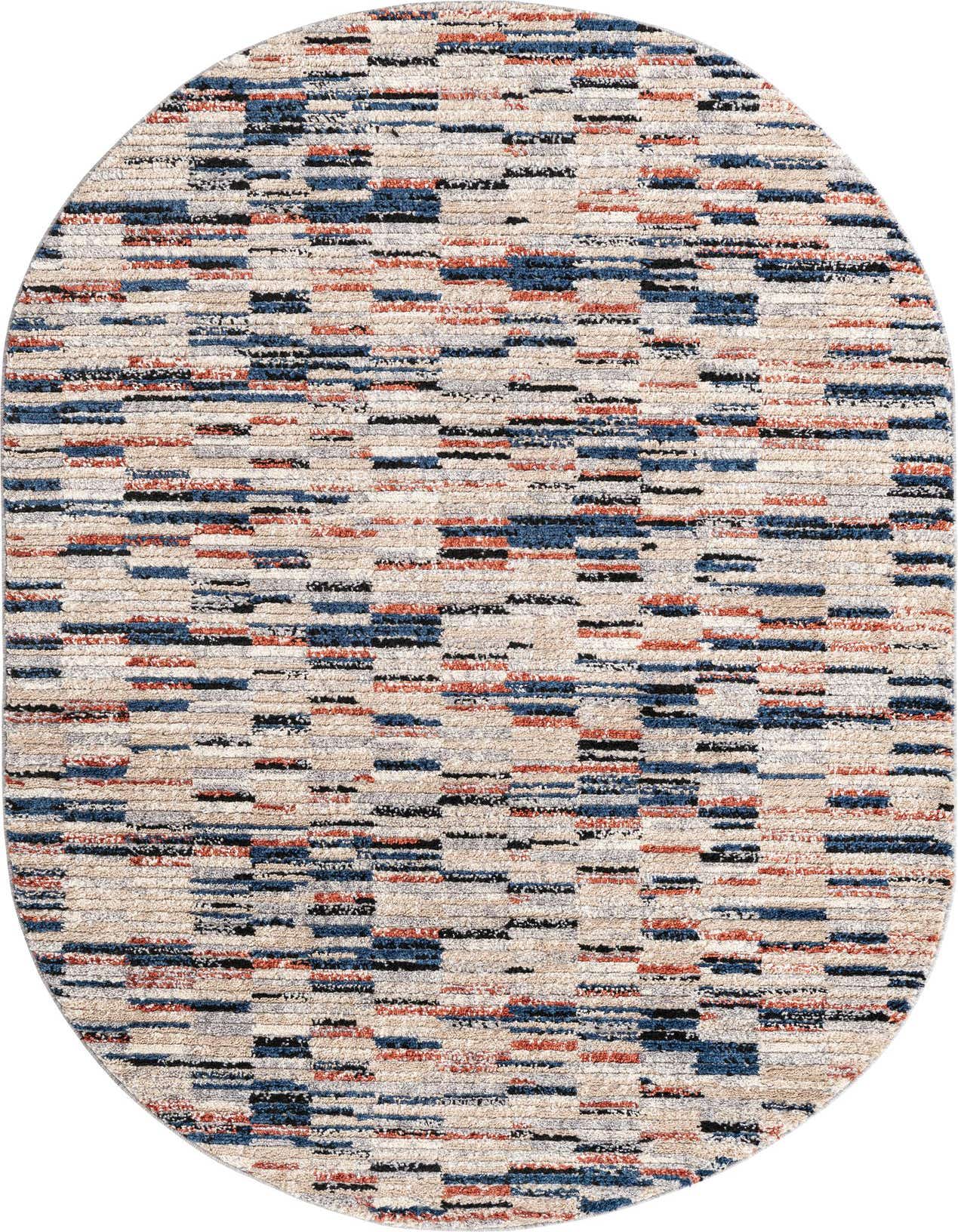 A 5'x8' oval shag rug featuring a modern Southwestern stripe pattern in multi-colored hues of blue, rust, black, and beige.