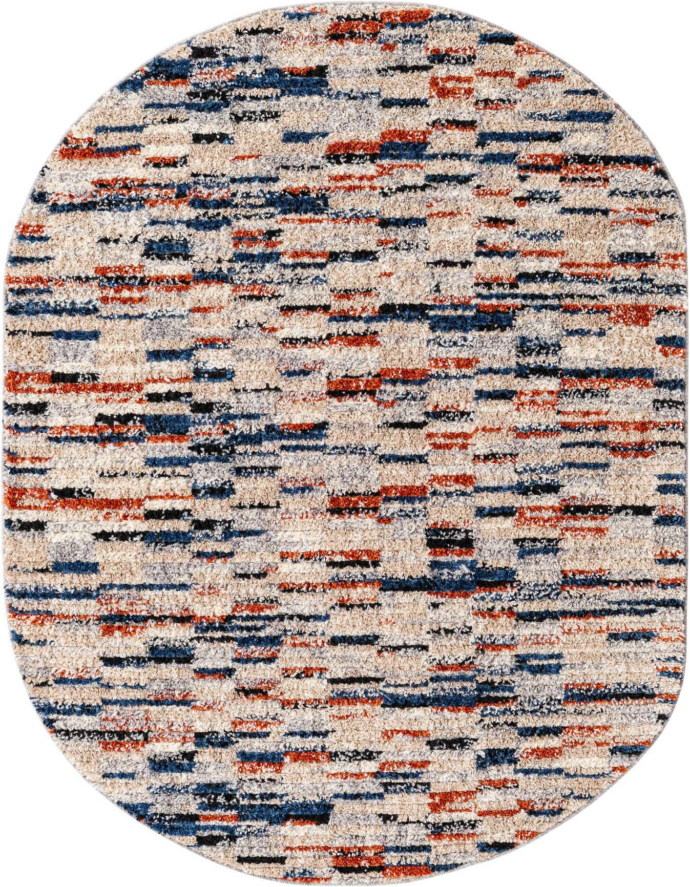 An oval 4' x 6' multi-colored shag rug with a modern Southwestern stripe pattern in shades of blue, orange, black, and cream.