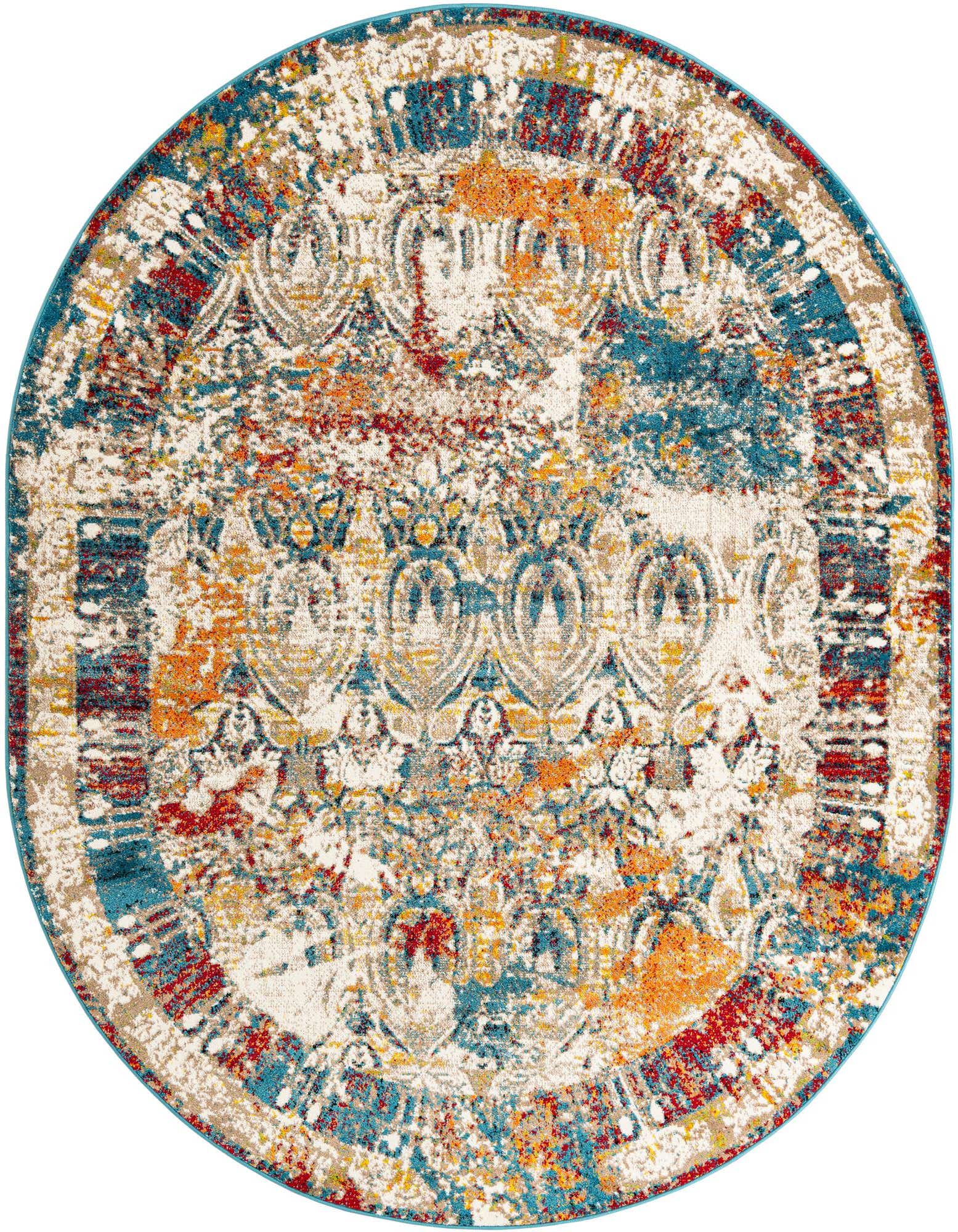 A multi-colored oval rug with a distressed traditional pattern featuring shades of blue, orange, red, and cream.