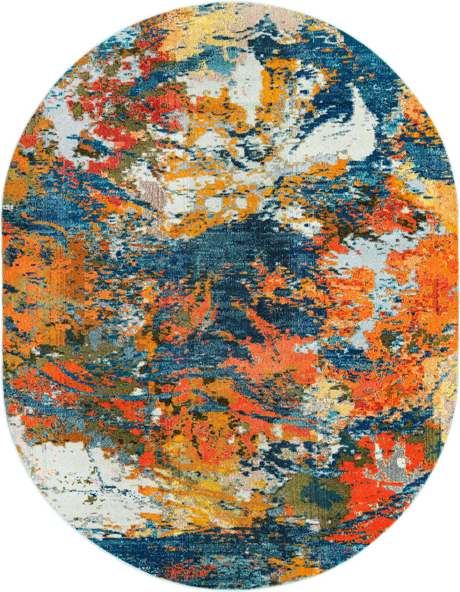 A vibrant 7'10" x 10'0" oval rug featuring an abstract, multi-colored pattern in shades of blue, orange, yellow, and white.