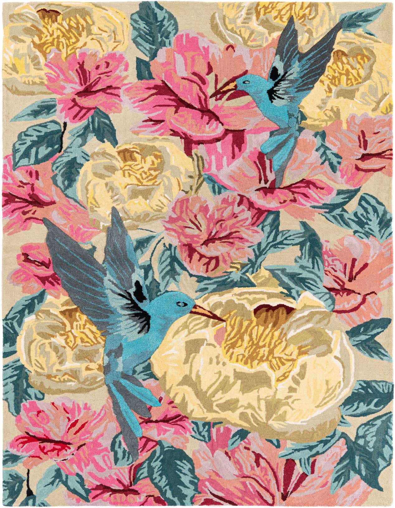 A vibrant 5x8 rectangular rug featuring a modern floral and hummingbird pattern on a beige background, ideal for a living room.