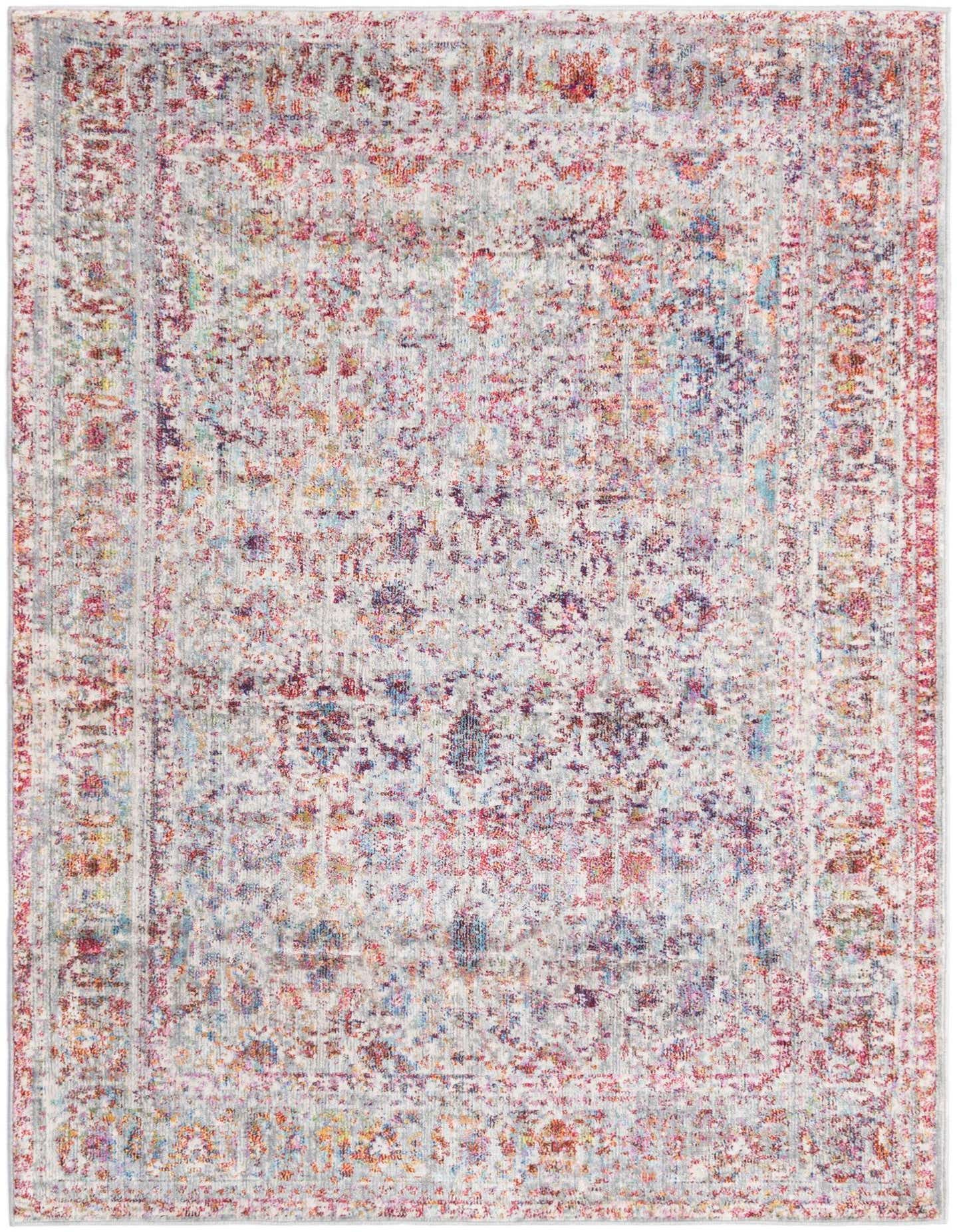 A 4x6 multi-colored rectangular modern rug with a textured pile, featuring a distressed abstract pattern in various hues.
