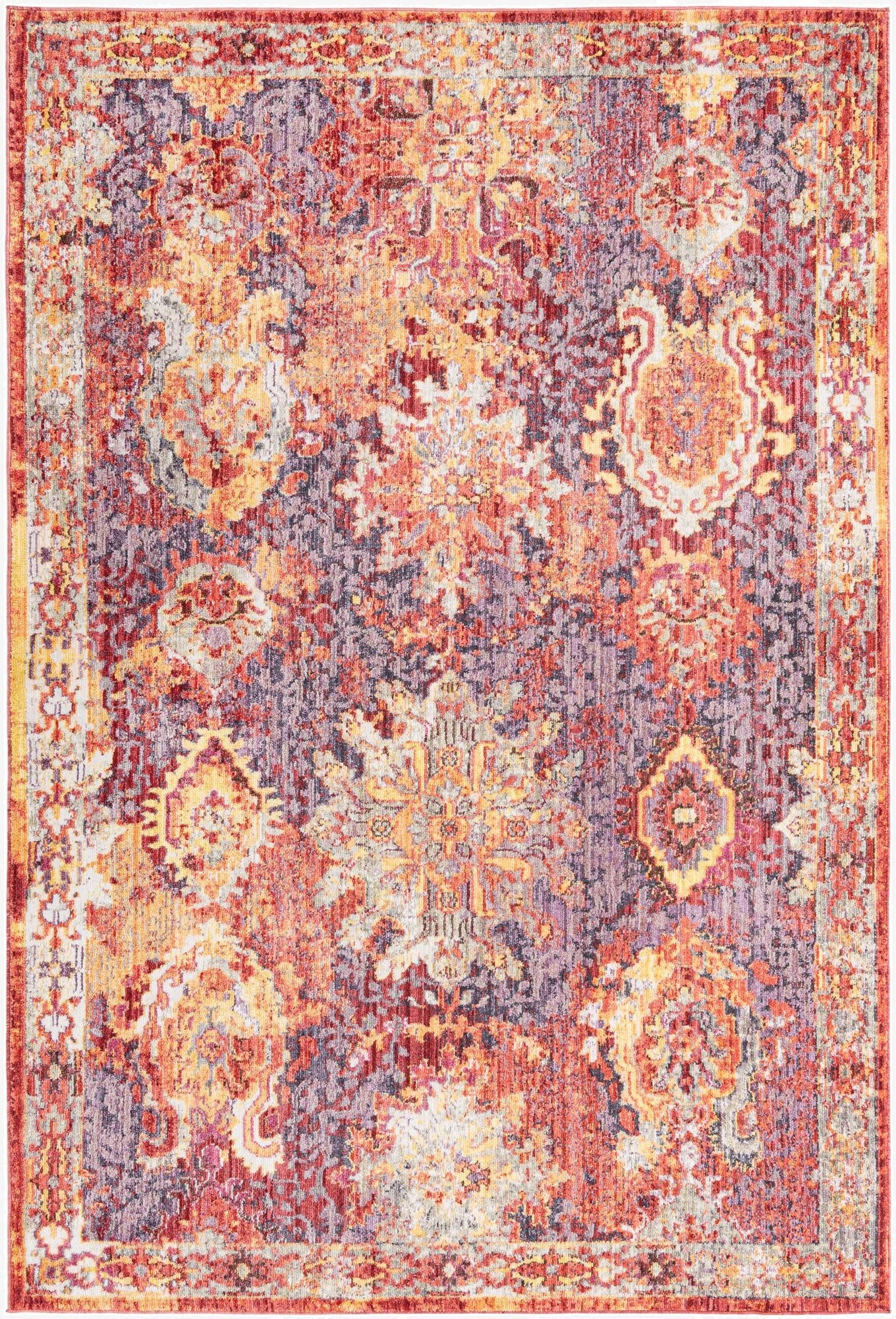 A 6x9 rectangular multi-colored modern rug featuring a distressed abstract pattern in shades of red, orange, purple, and yellow.