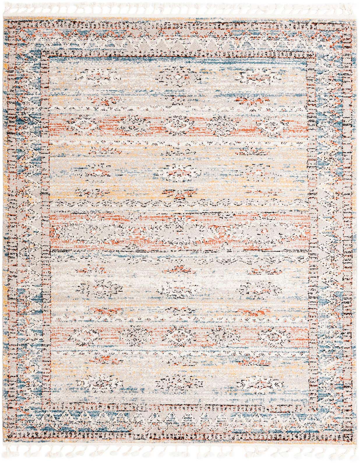A 6x9 multi-colored rectangular polypropylene rug with a distressed stripe pattern and decorative tassels.