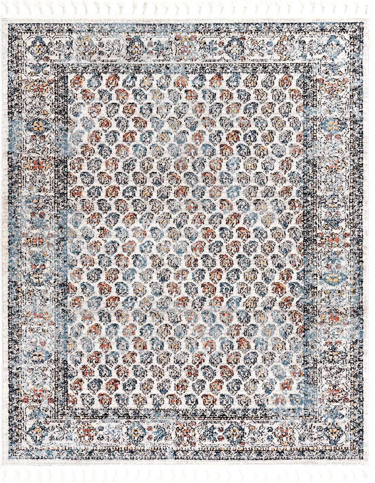 A 5x8 rectangular multi-colored modern rug with a distressed look, featuring a central pattern of small, varied colored shapes and a striped border with fringe.