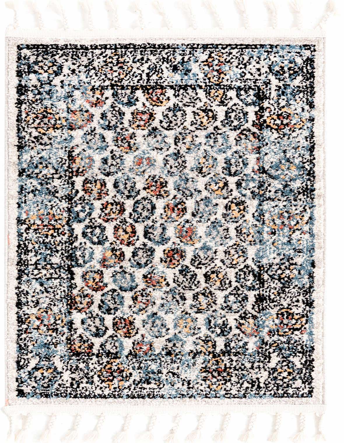 A 2x3 rectangular Aramis rug featuring a modern, multi-colored stripe pattern with blue, orange, black, and white hues, and decorative tassels.
