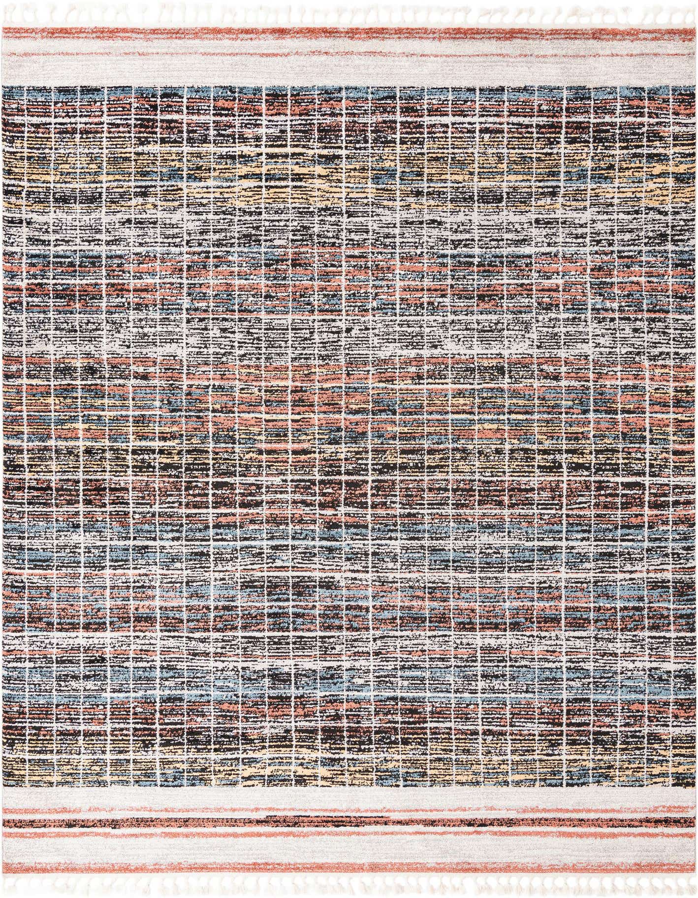 A 9x12 multi-colored rectangular polypropylene rug with a textured stripe pattern and high pile.