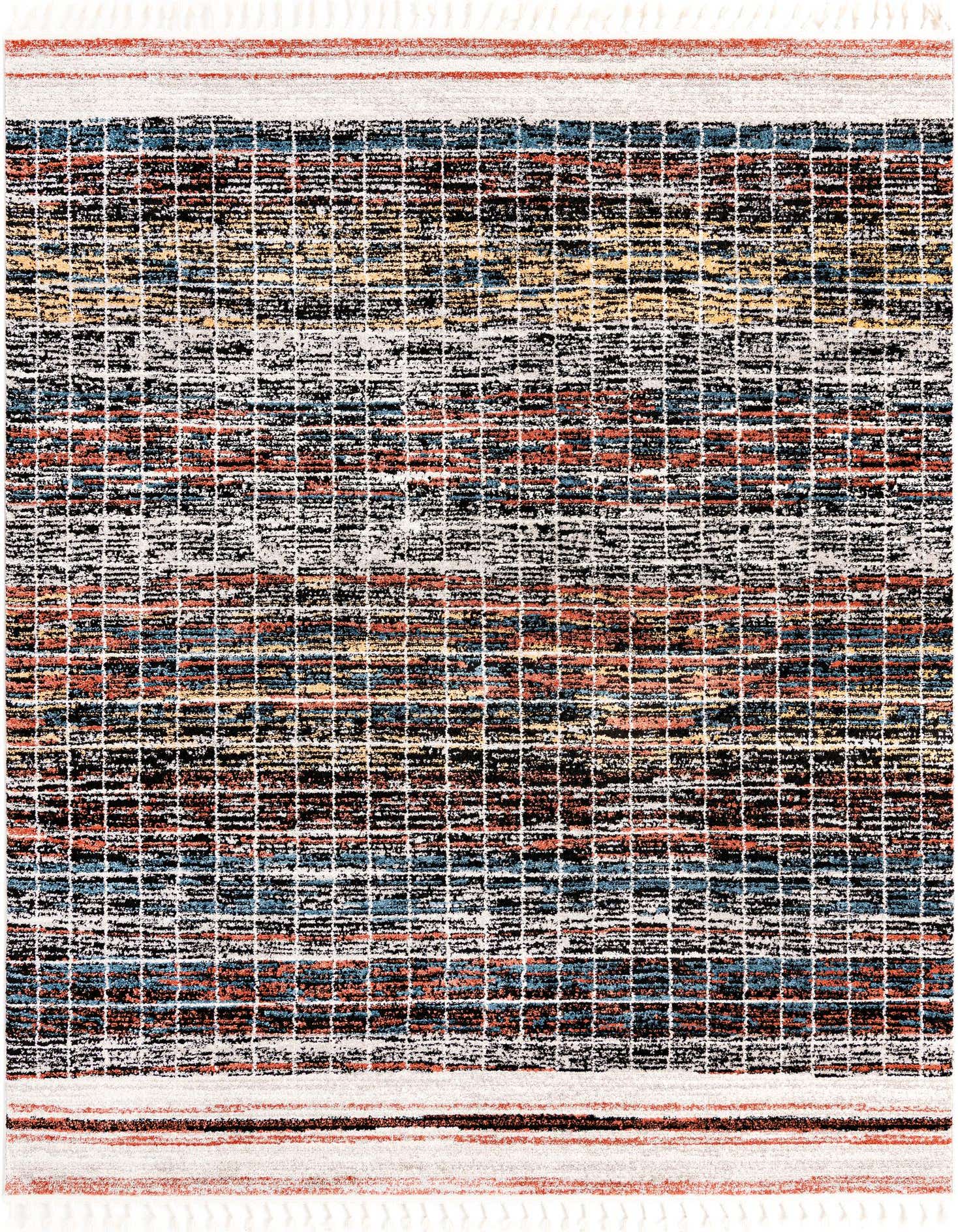 A multi-colored 8x10 rectangular area rug with a modern stripe pattern, featuring shades of black, blue, orange, and yellow, with white grid lines.