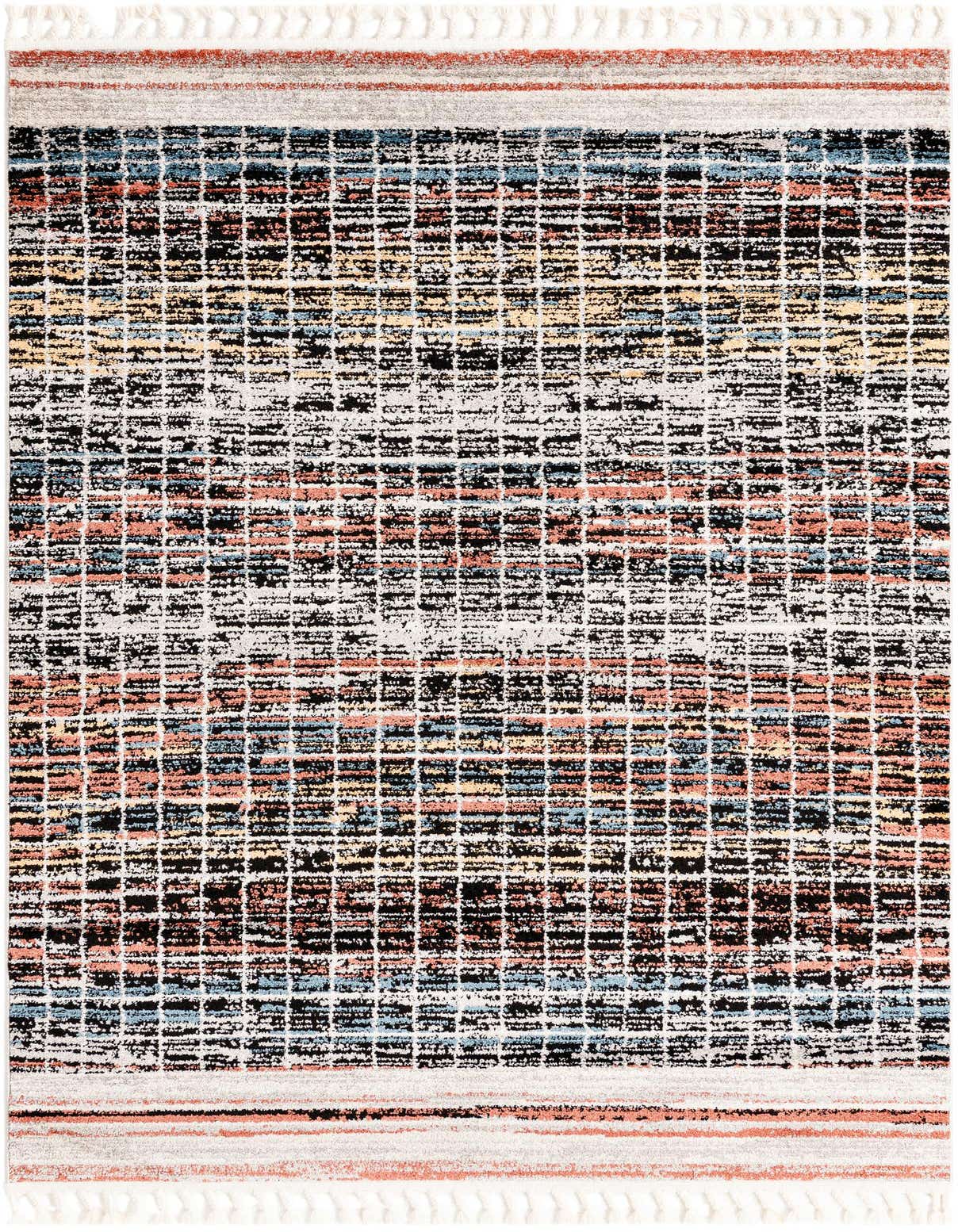 A 5x8 rectangular multi-colored polypropylene rug with a textured stripe pattern and fringe, ideal for a living room.