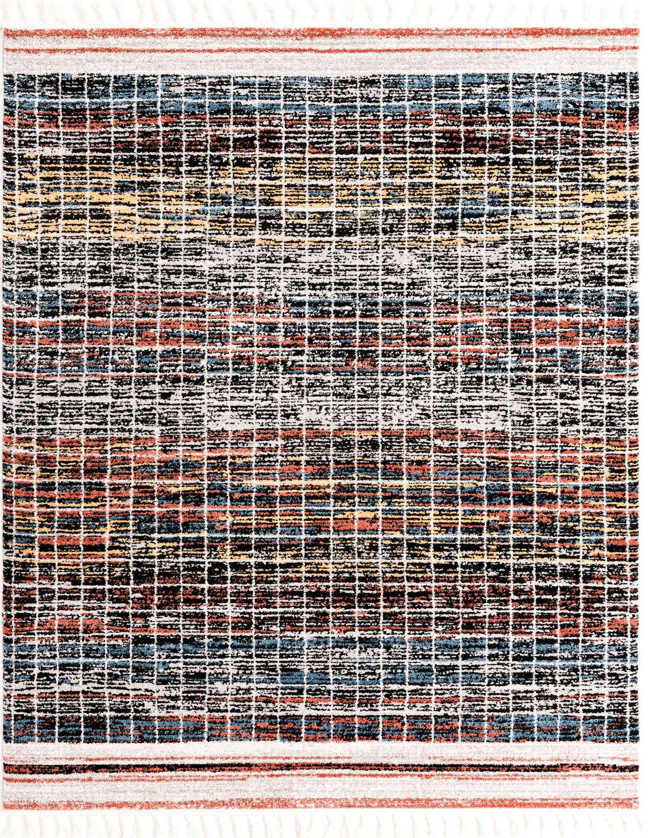 A 6x9 multi-colored modern rectangular rug with a grid pattern over horizontal stripes, featuring hues of black, white, blue, orange, and yellow.