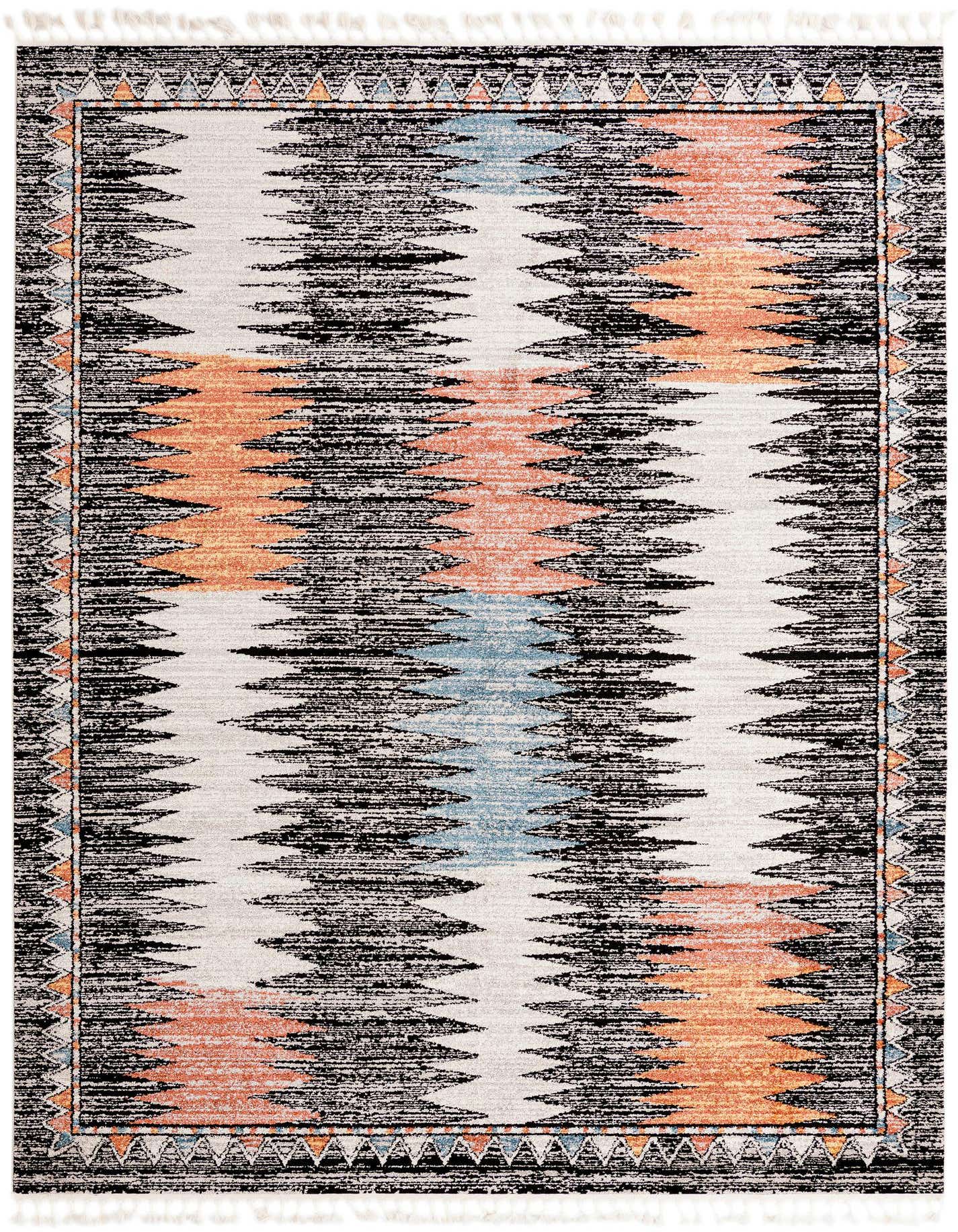 A 9x12 multi-colored rectangular rug with a bold black and white stripe pattern, accented by horizontal bands of orange and light blue, and a geometric border.