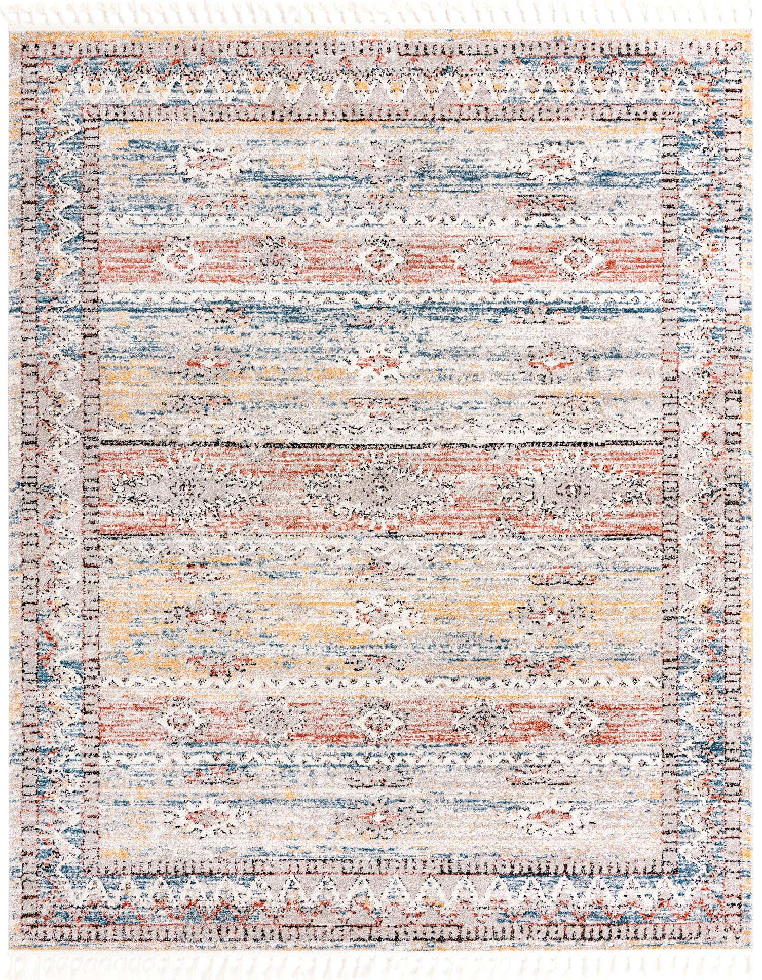 A 7x10 multi-colored rectangular area rug with a distressed stripe pattern and decorative border.