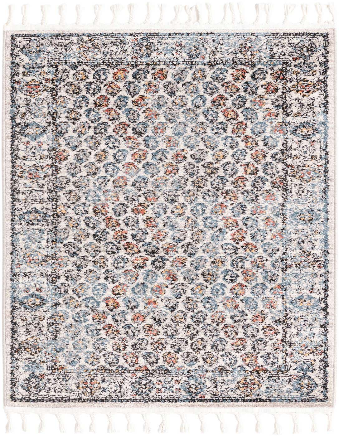 A 3x5 rectangular multi-colored modern rug with a distressed stripe pattern and tassels, ideal for indoor spaces.