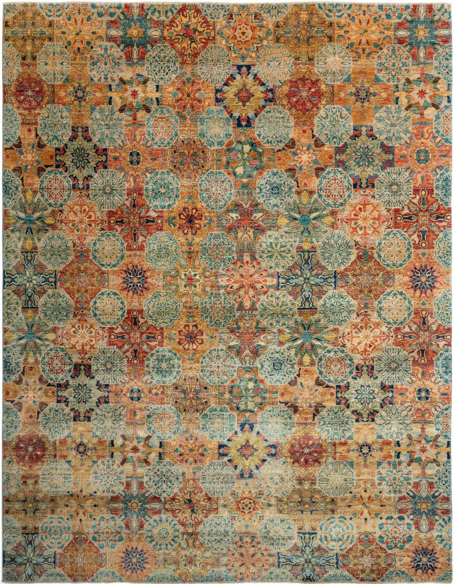 A rectangular, multi-colored Persian wool rug featuring a patchwork of intricate floral and medallion patterns in various shades of blue, red, and gold.