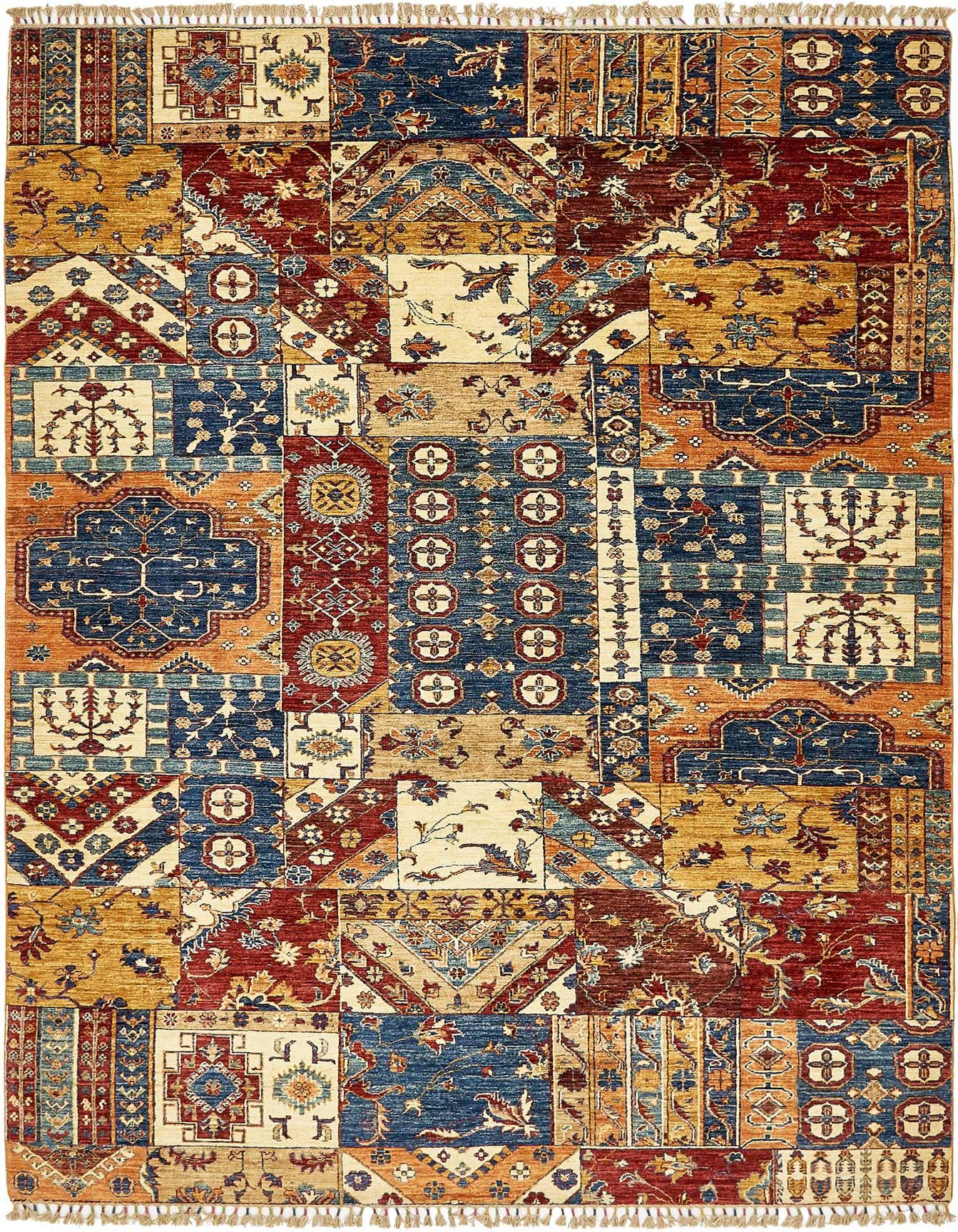 A 7x10 multi-colored rectangular wool rug featuring a traditional patchwork design with tribal and oriental patterns in shades of red, blue, gold, and cream.