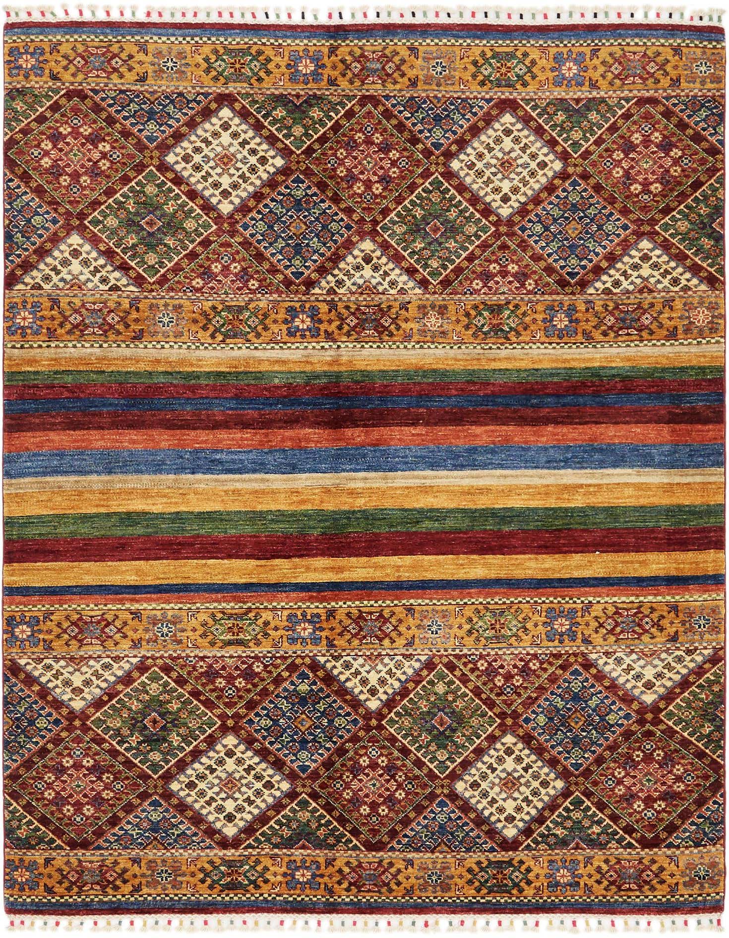 A 5x7 multi-colored rectangular wool rug featuring Southwestern and Oriental patterns with a central stripe design.