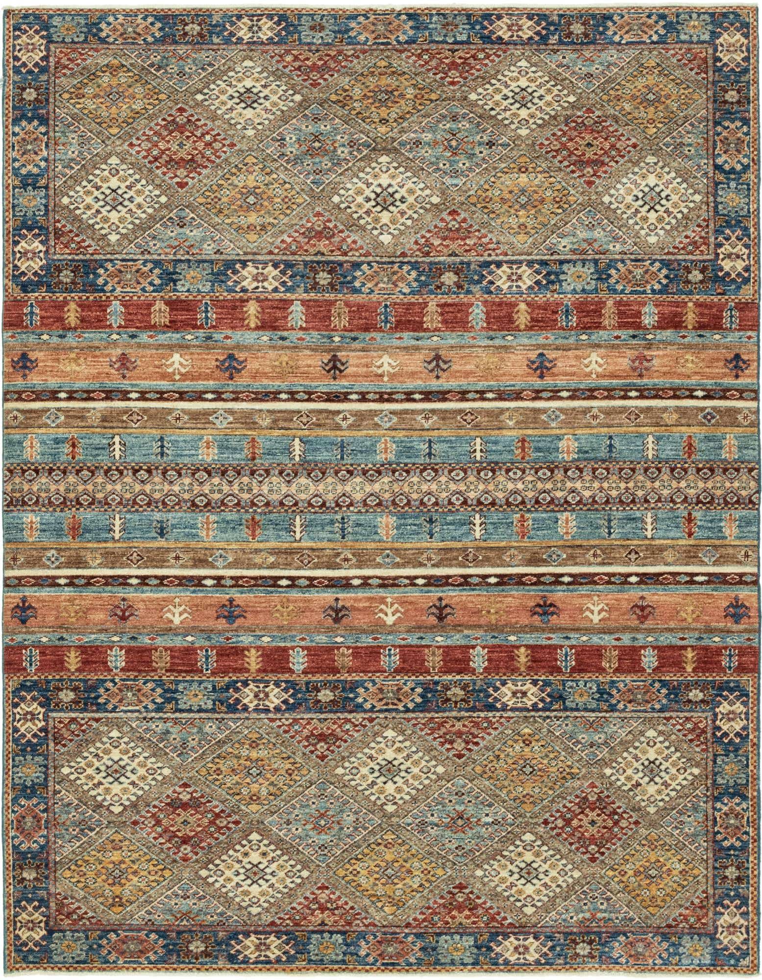 A rectangular 6x9 multi-colored Ariana Ziegler rug featuring traditional Oriental stripes and diamond patterns, ideal for a living room.