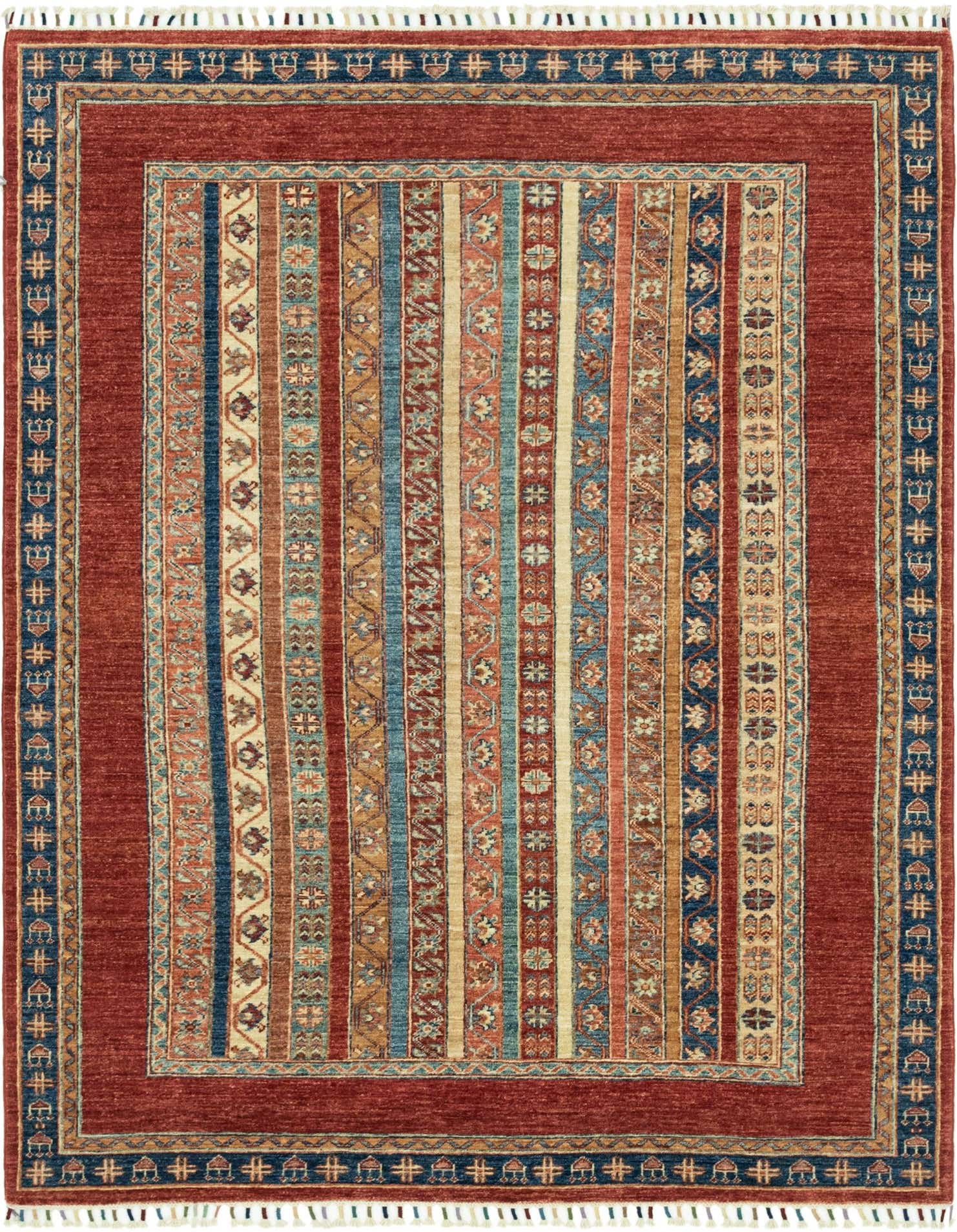 A 5x7 rectangular multi-colored Ariana Ziegler rug with Southwestern and Tribal stripes, featuring a red border and fringe.