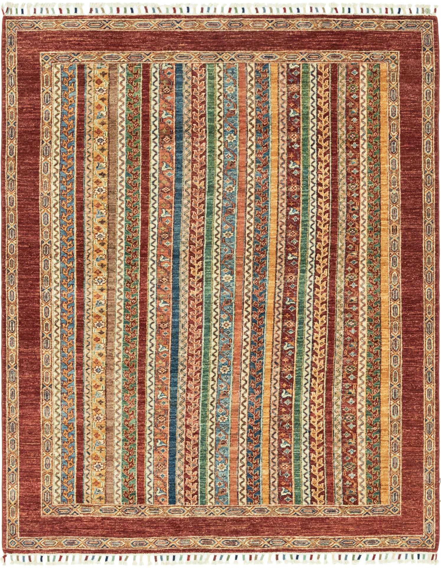 A 5x7 rectangular multi-colored Southwestern rug with vertical stripes in various patterns and a deep red border.