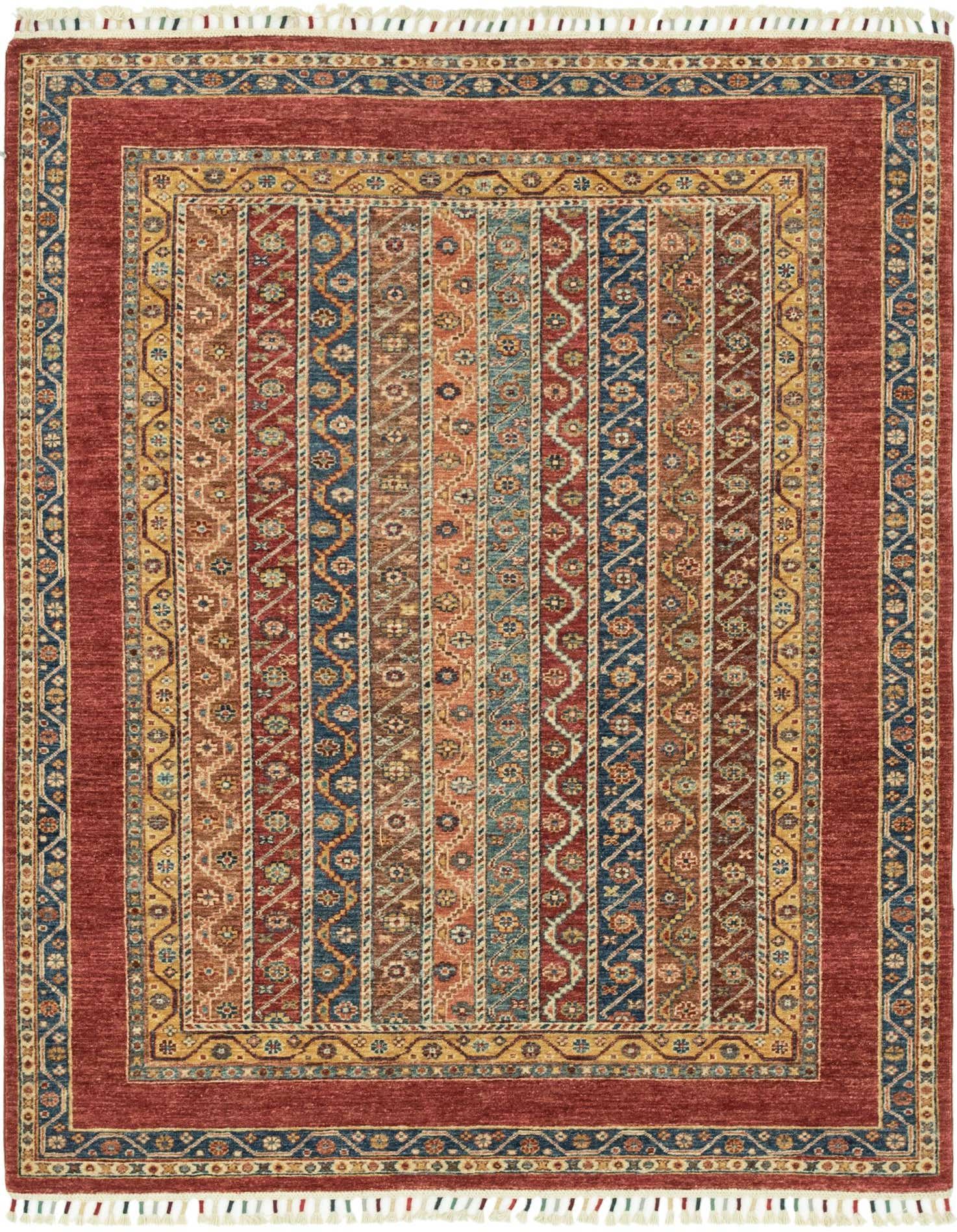 A 5x7 rectangular multi-colored Southwestern rug with a bold red border and intricate striped patterns in blue, orange, and gold.