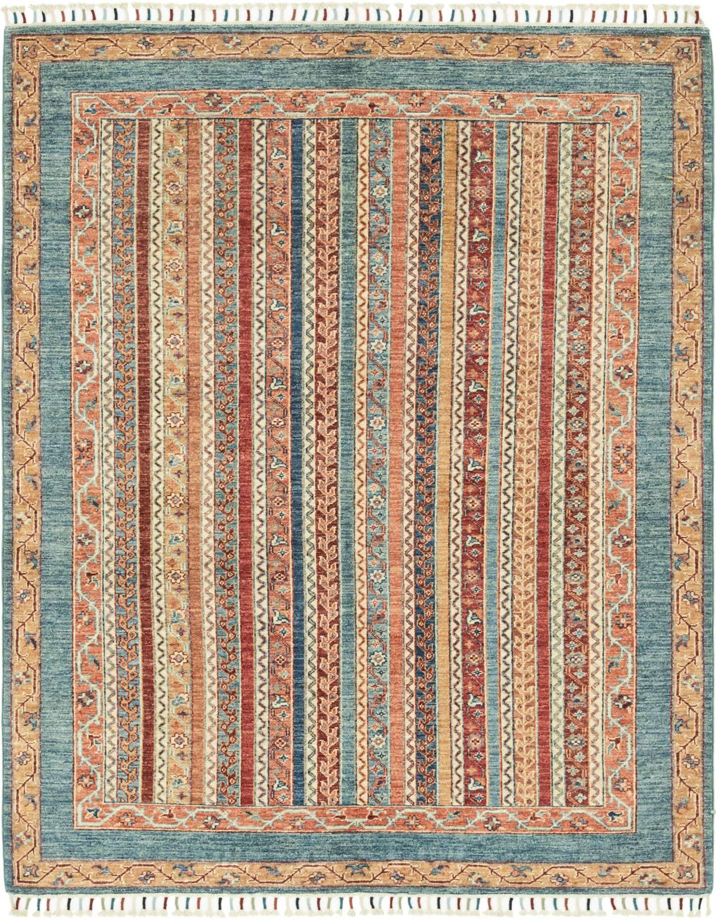 A 4x6 multi-colored rectangular Southwestern rug with vertical stripes in shades of red, blue, and orange, framed by a blue and tan border.