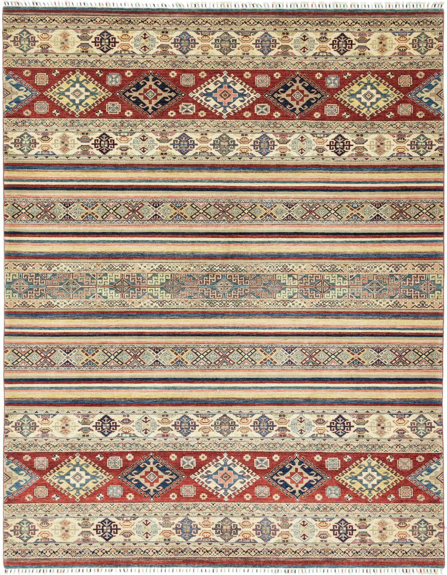 A 10x14 rectangular multi-colored Ariana Ziegler rug with traditional Oriental and stripe patterns, made of hand-spun wool.