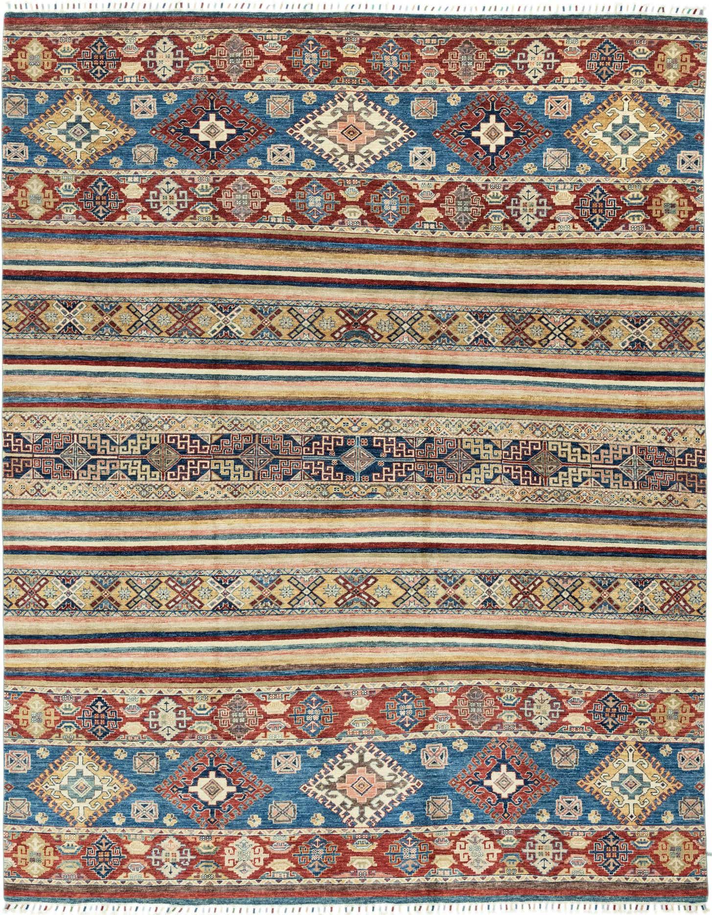 A 9x12 multi-colored rectangular Ariana Ziegler rug with traditional Oriental patterns in blue, red, gold, and cream.
