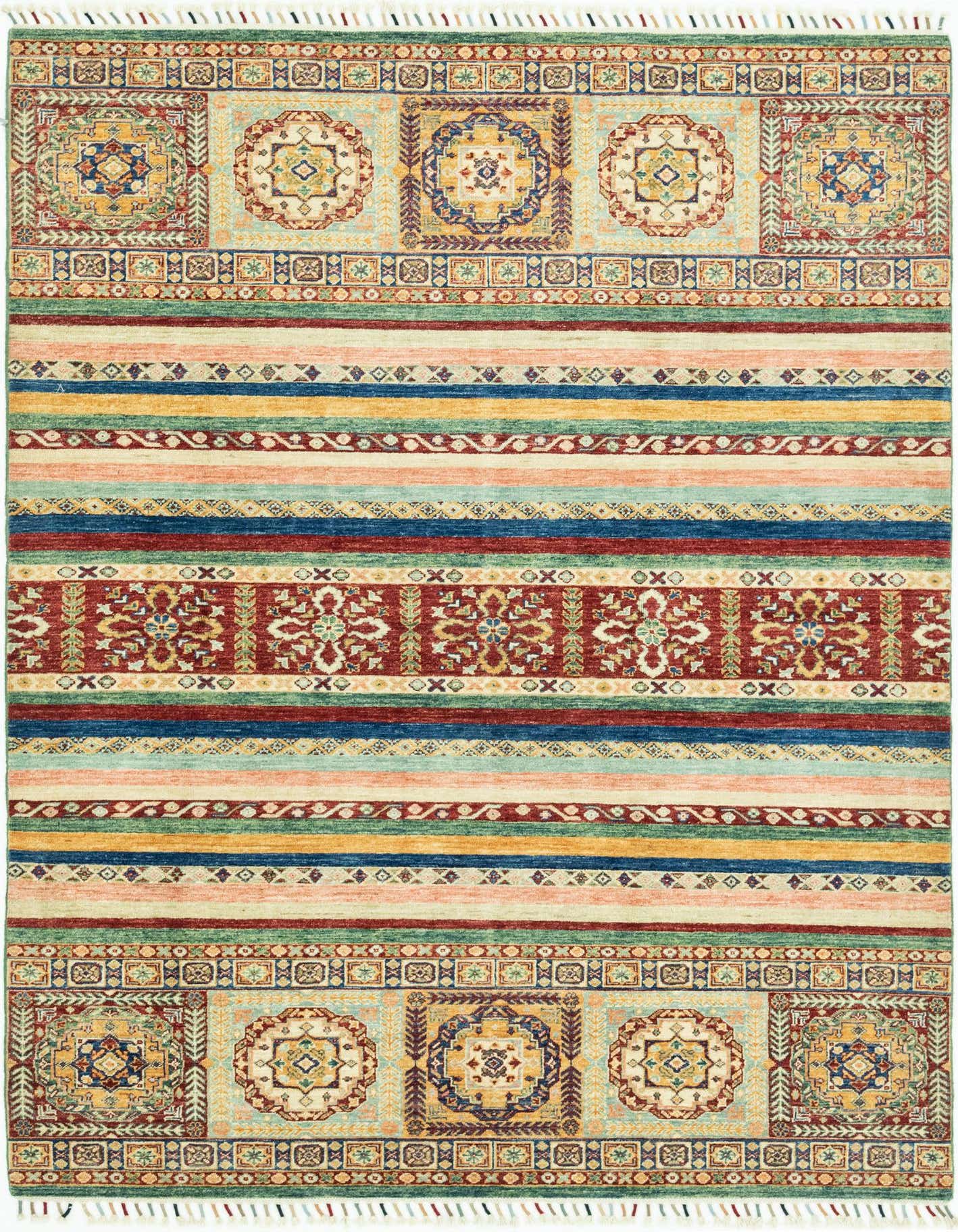 A 6x9 rectangular multi-colored Ariana Ziegler rug featuring traditional Oriental patterns and stripes in a vibrant design.