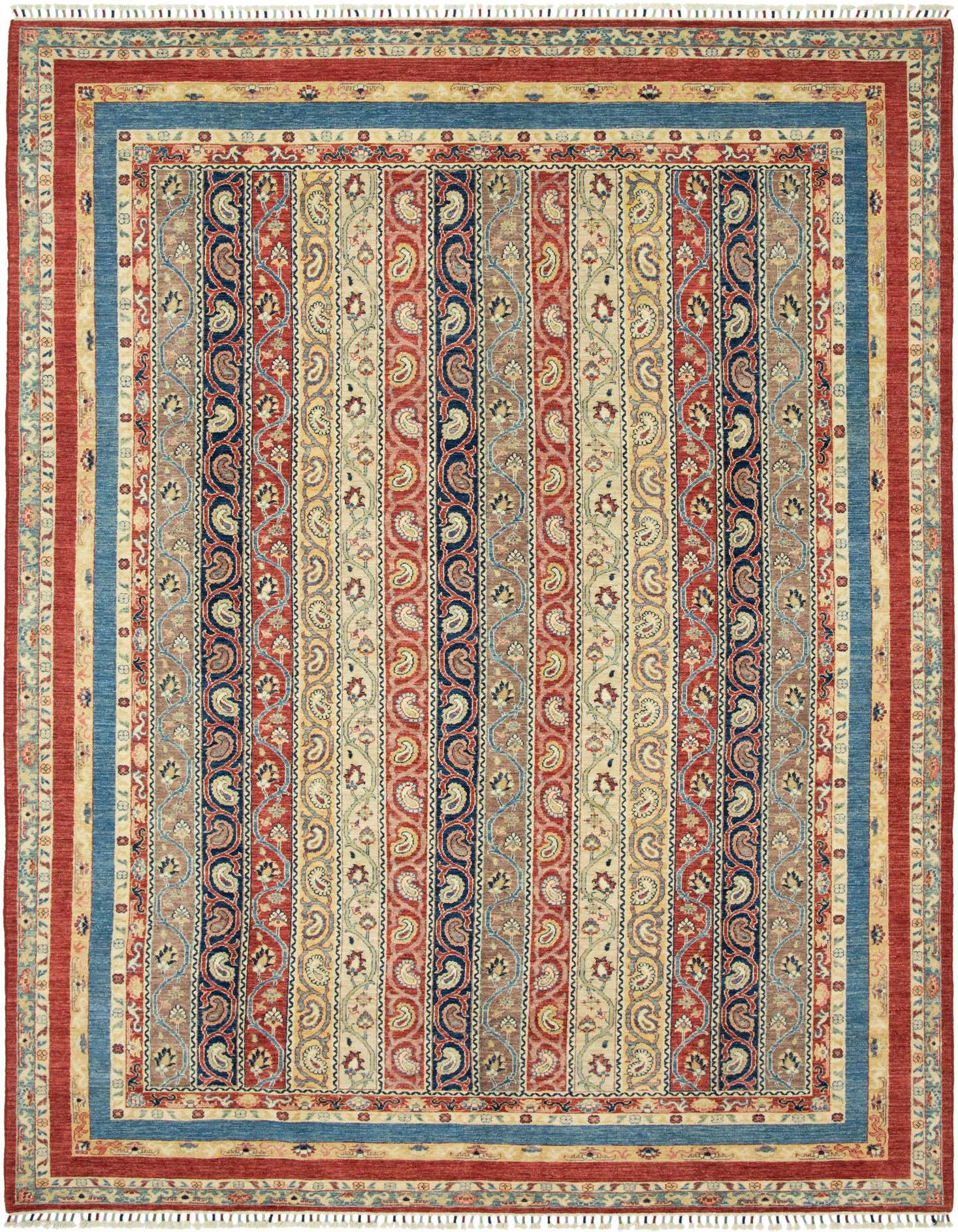 A 9x12 rectangular multi-colored traditional Ariana Ziegler rug featuring vertical stripes of paisley and floral patterns, with a red and blue border.