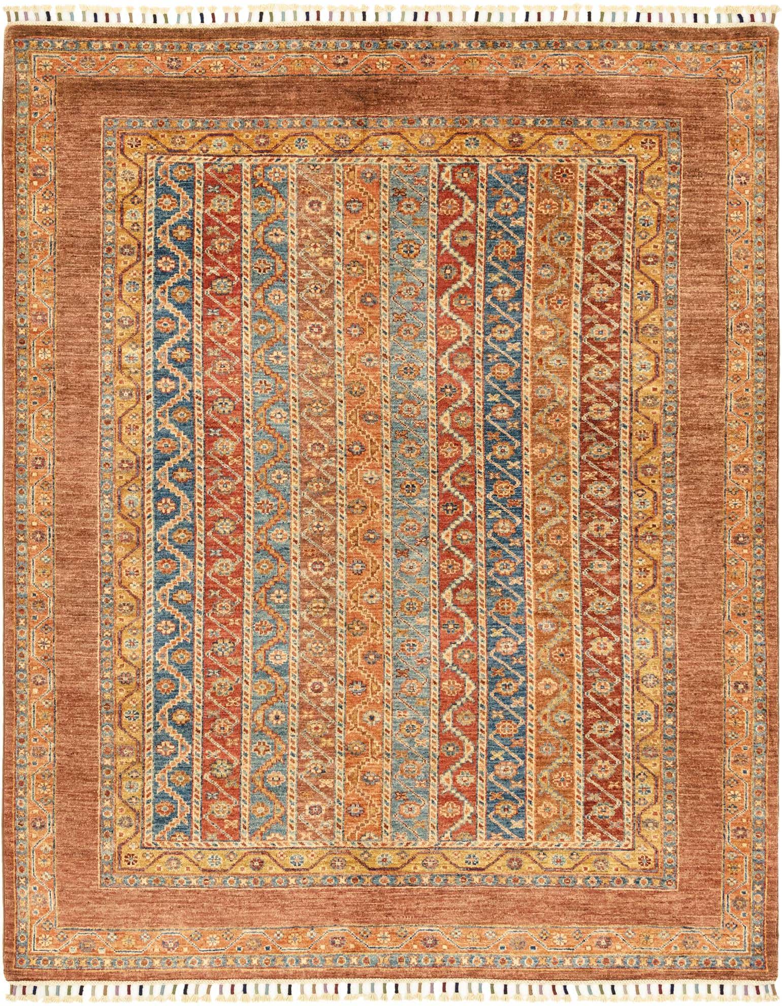A 4x6 rectangular Ariana Ziegler rug featuring a multi-colored traditional tribal pattern with a rust border and fringe.