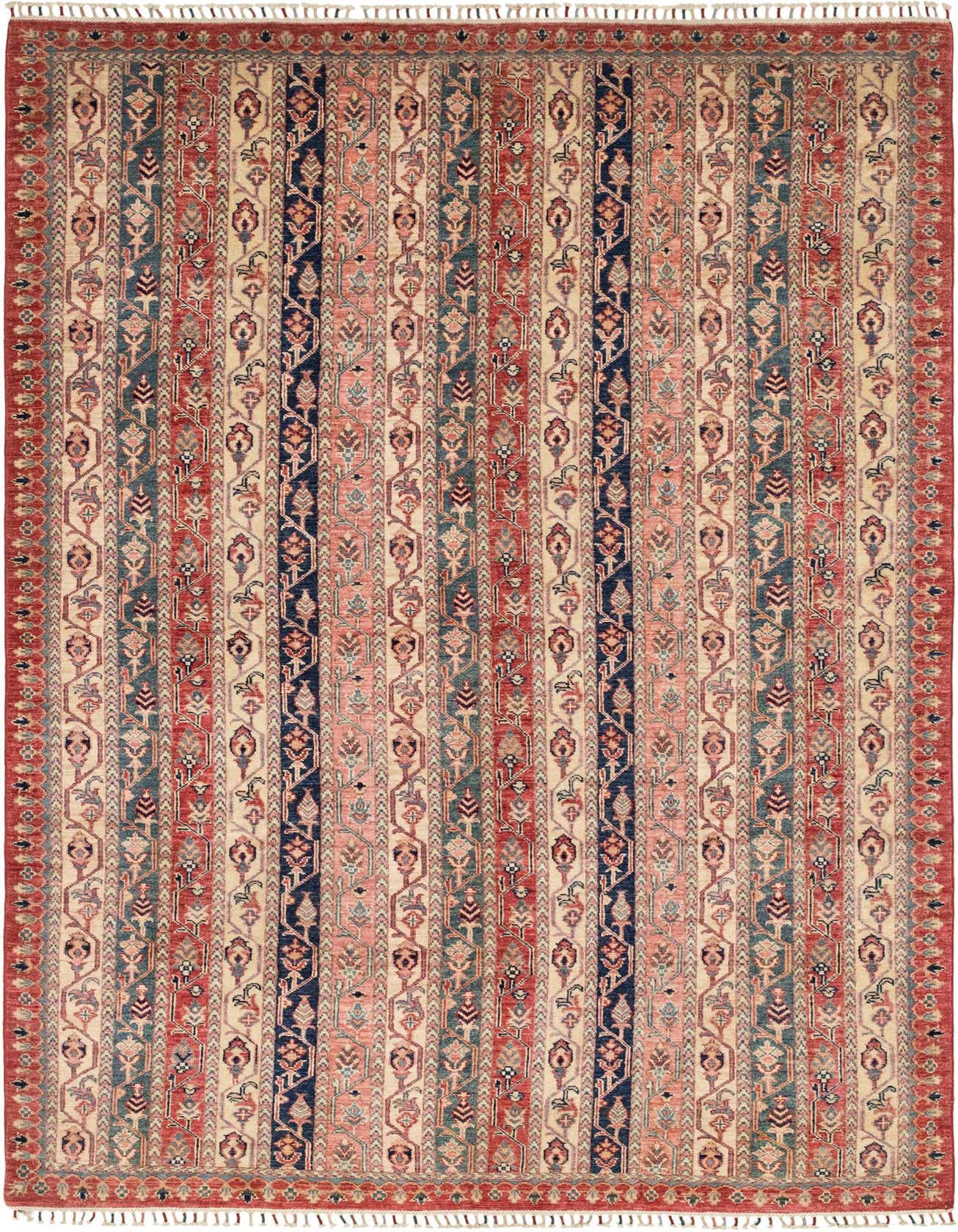 A 6x9 multi-colored rectangular Ariana Ziegler rug with vertical stripes in red, blue, pink, and cream, featuring intricate tribal and oriental patterns.