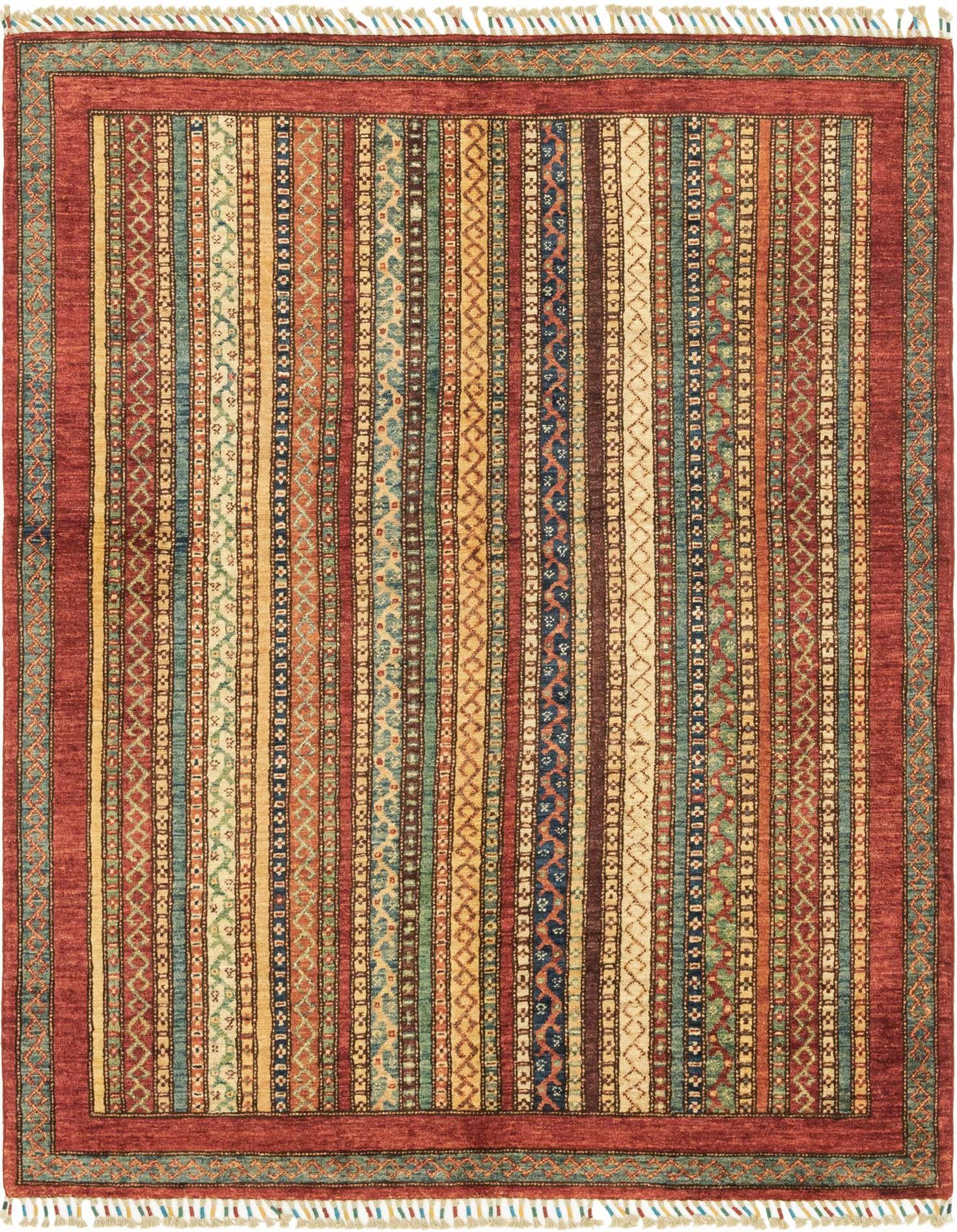 A 4x6 rectangular Ariana Ziegler rug featuring a multi-colored striped tribal pattern with a red border and fringe.