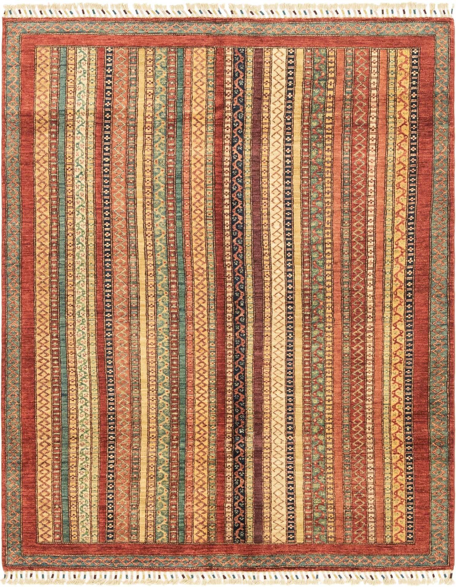 A 4x6 multi-colored rectangular tribal rug with vertical stripes in red, yellow, blue, and green, featuring intricate patterns and fringed ends.