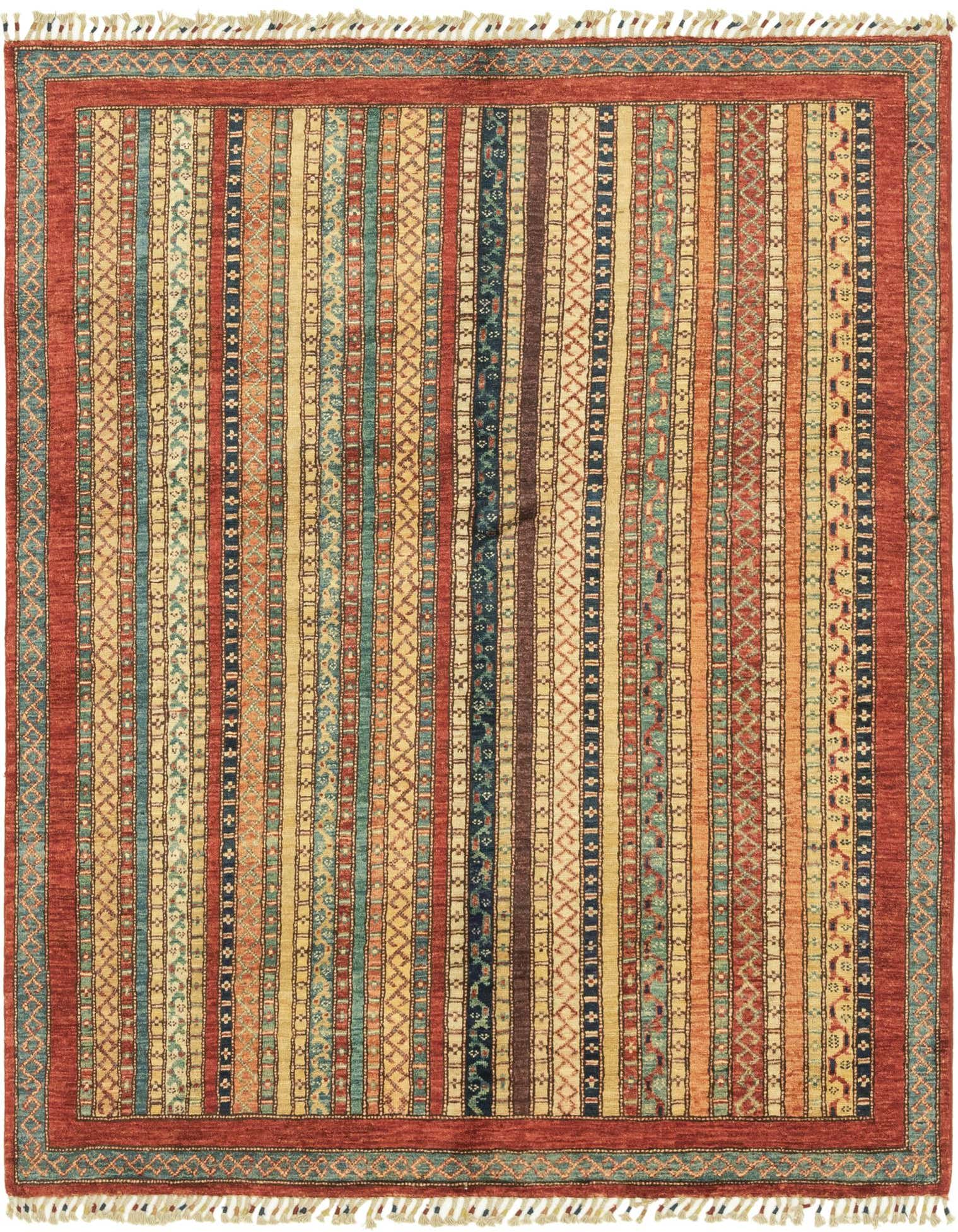 A 4x6 multi-colored rectangular Ariana Ziegler rug with vertical tribal stripes and a red border, handmade from wool.