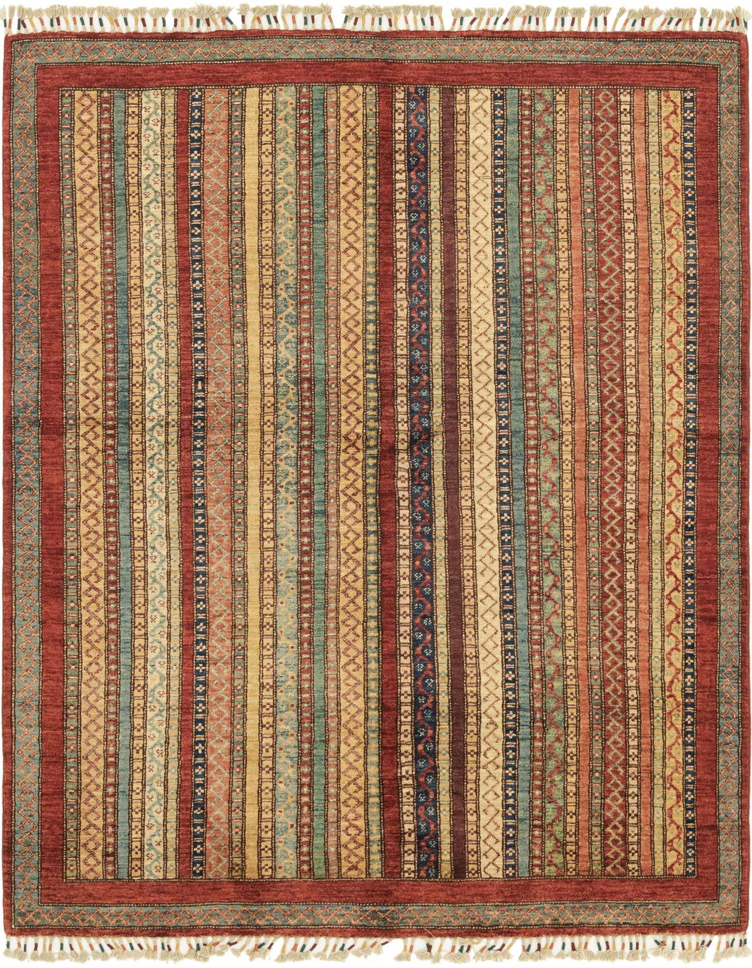 A 4x6 rectangular Ariana Ziegler rug featuring multi-colored tribal stripes and a red border with fringe.