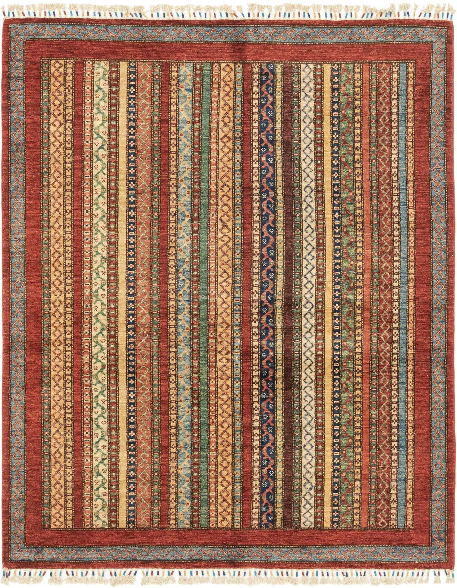 A 4x6 multi-colored rectangular Ariana Ziegler rug with vertical stripes and a red border, handmade from wool.