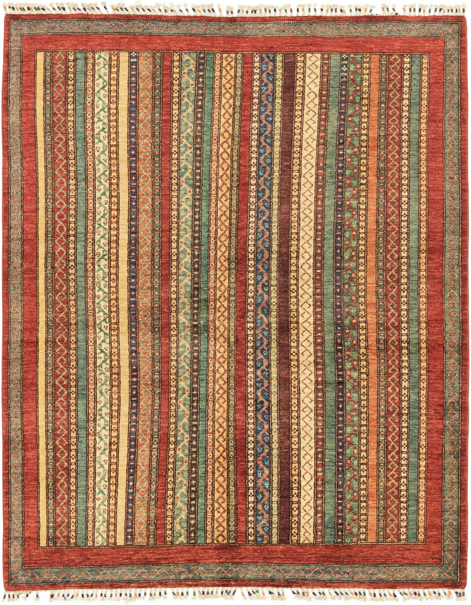 A 4x6 rectangular Ariana Ziegler rug featuring multi-colored tribal stripes and a red border, handmade from wool.