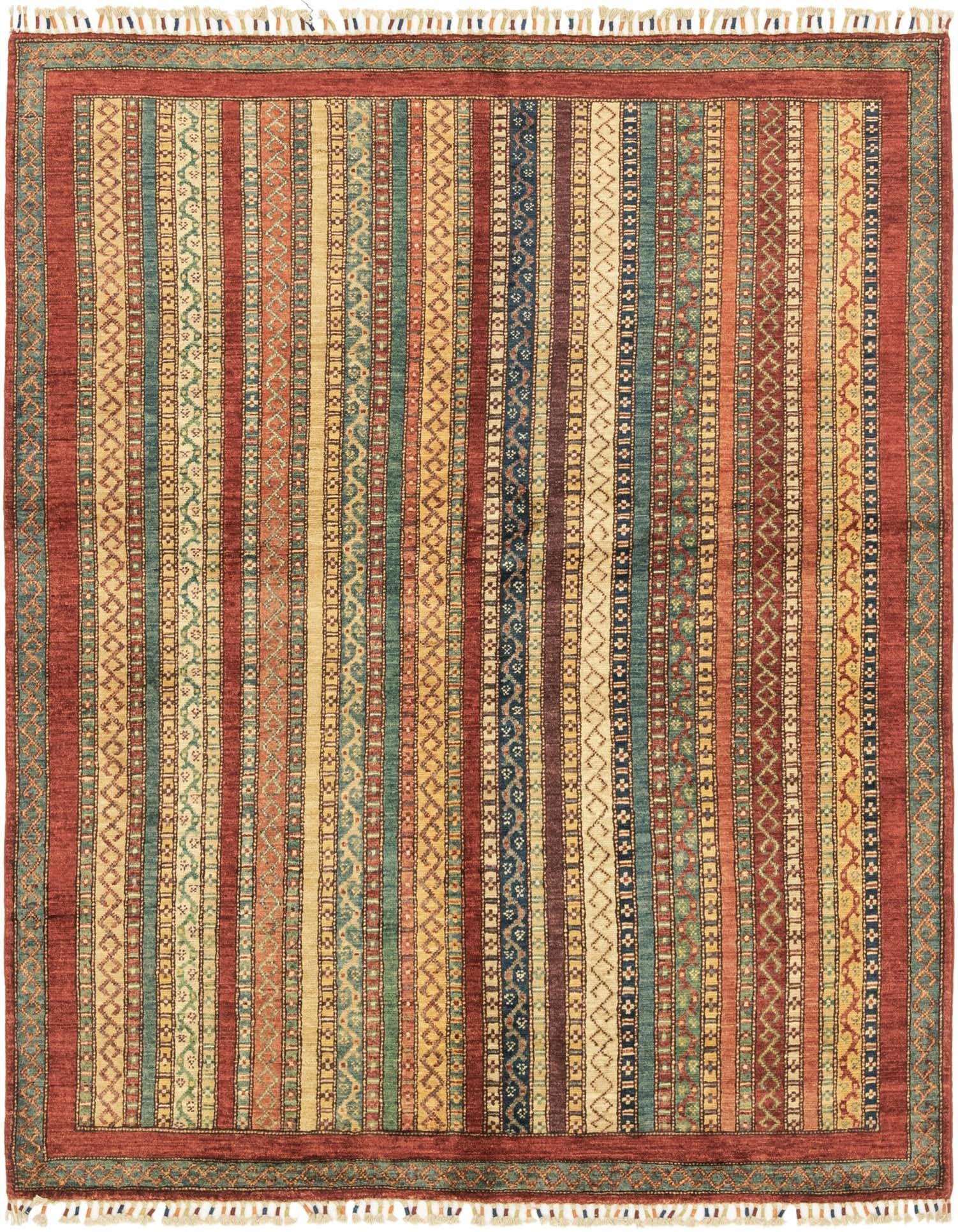 A 4x6 rectangular multi-colored tribal rug with vertical stripes in red, gold, blue, and green, featuring intricate patterns.