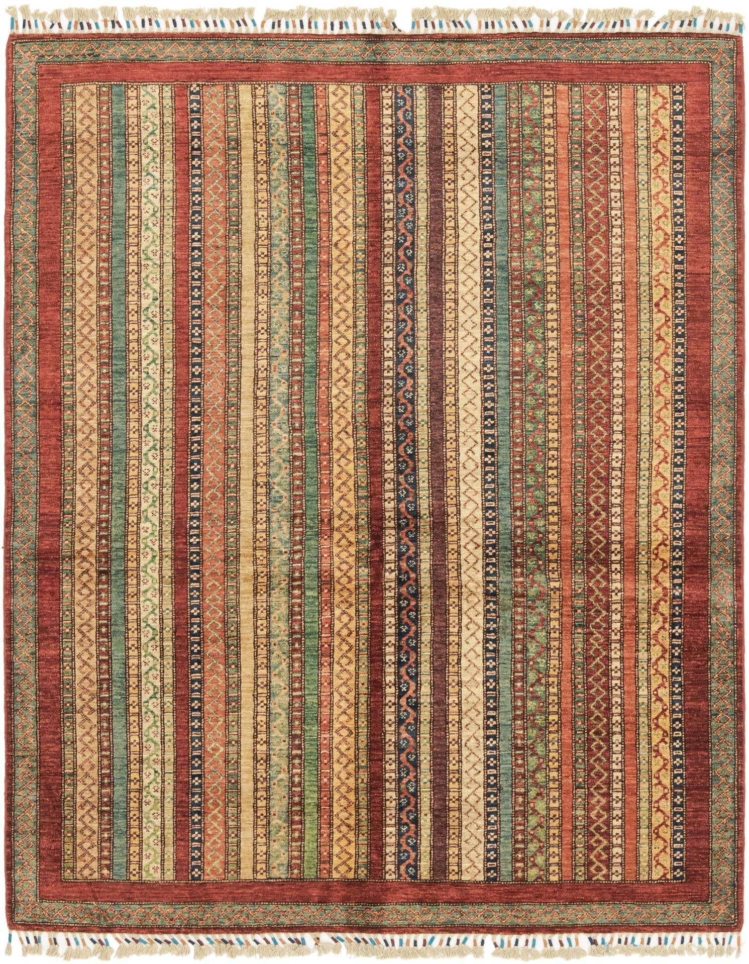A 4x6 rectangular multi-colored tribal stripe rug with a thin pile, featuring various patterned vertical bands in red, green, gold, and blue, with short fringed ends.